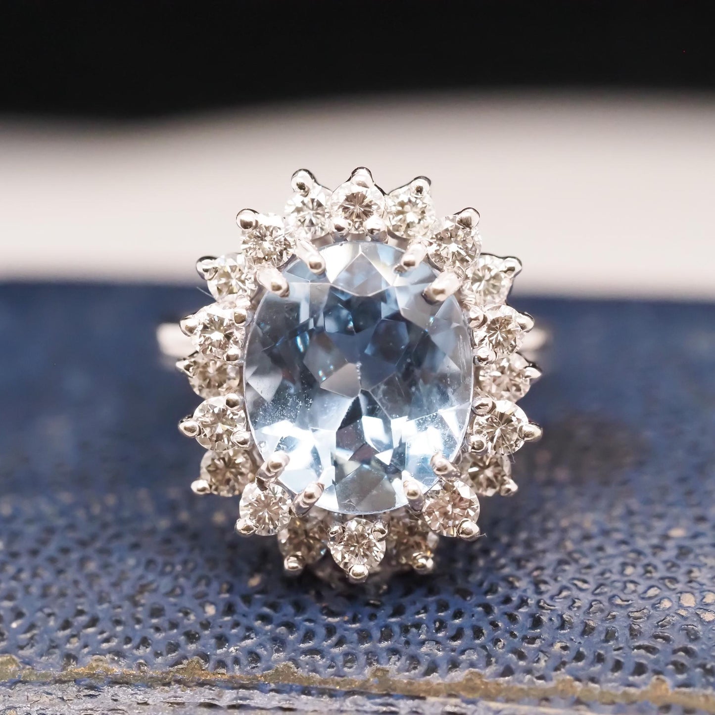 18K White Gold Blue Topaz Diamond Halo Cocktail Ring - VHK#728