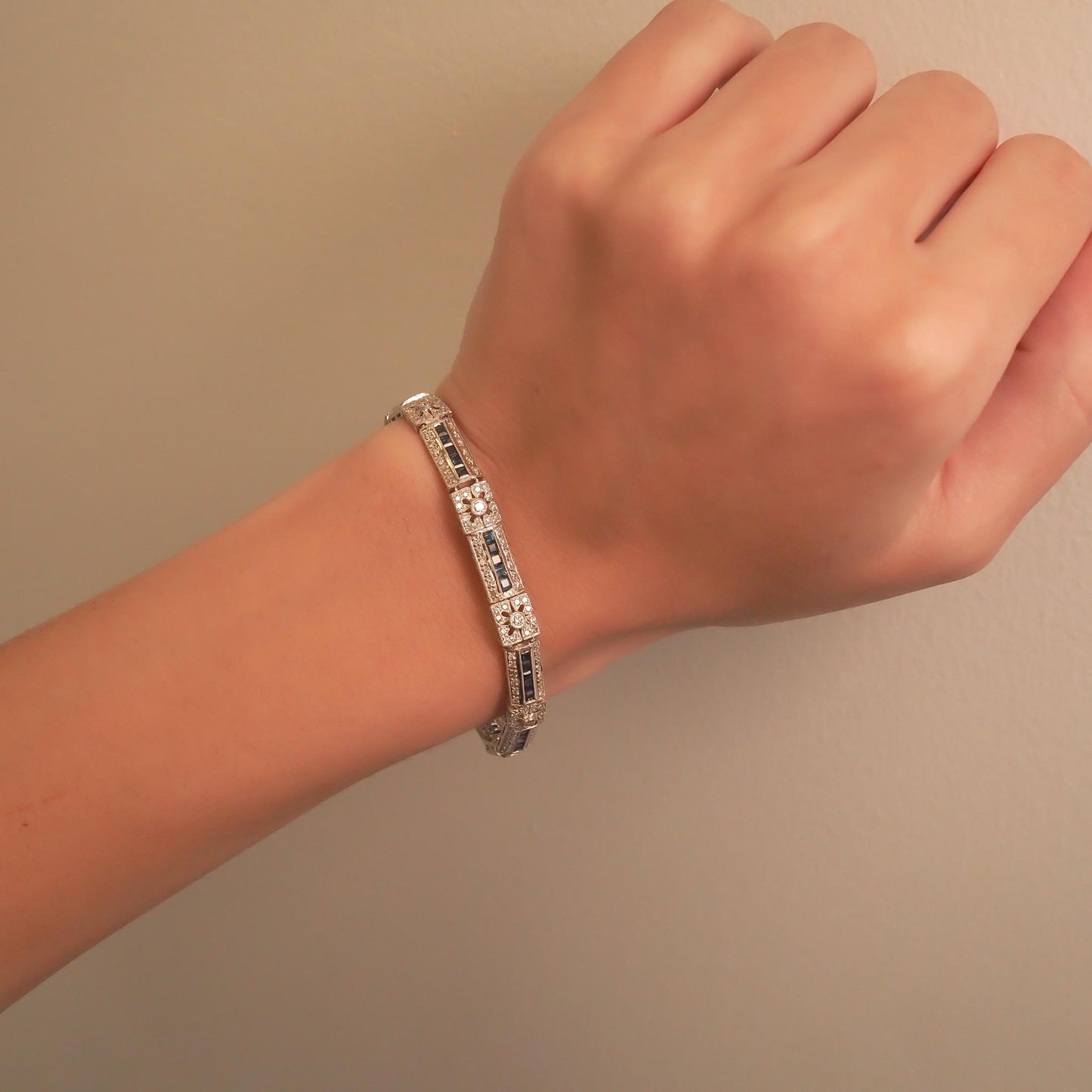 Vintage 18K White Gold Diamond and Sapphire Bracelet - VHK#741a