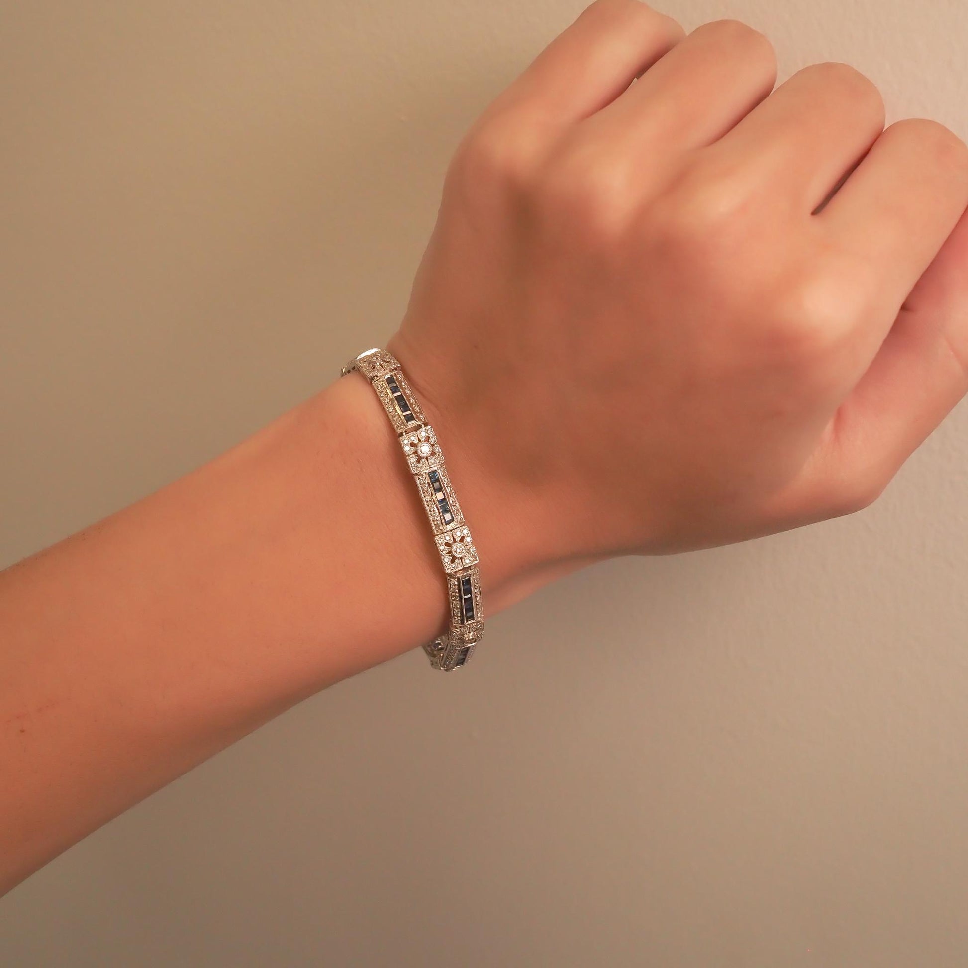 Vintage 18K White Gold Diamond and Sapphire Bracelet - VHK#741a