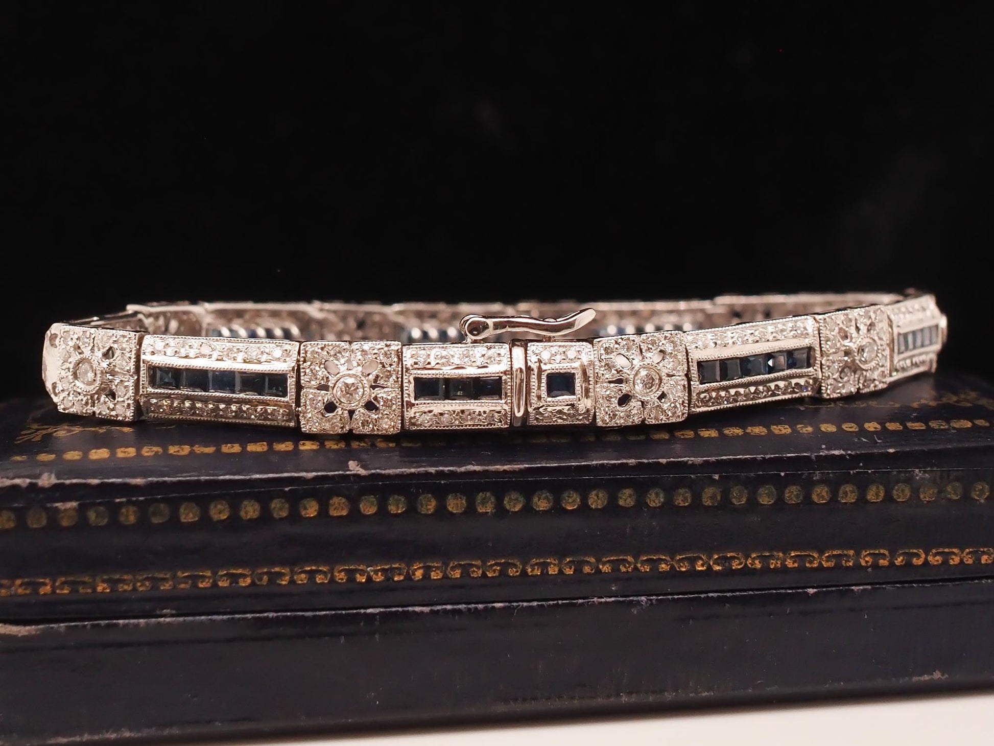 Vintage 18K White Gold Diamond and Sapphire Bracelet - VHK#741a