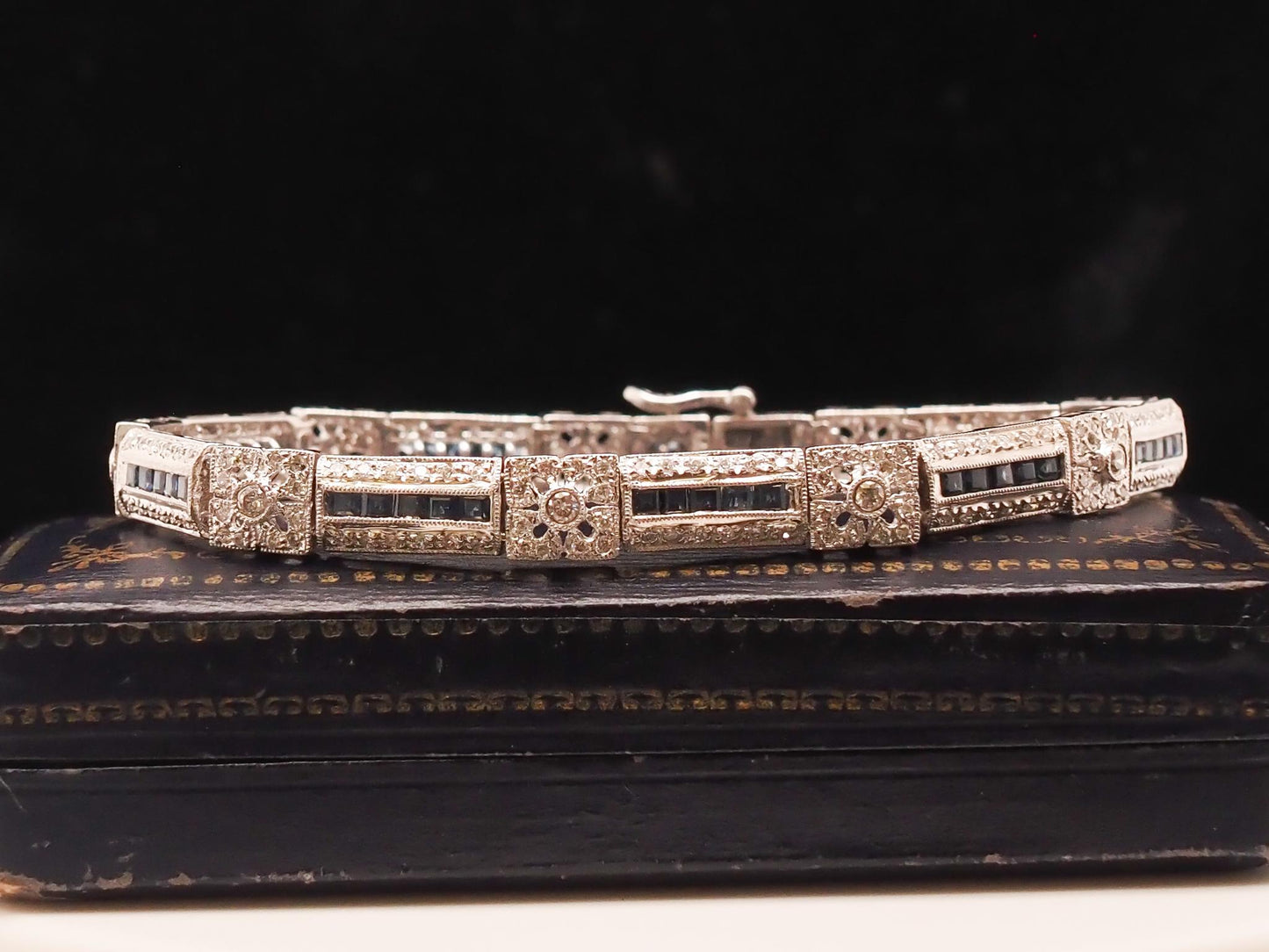 Vintage 18K White Gold Diamond and Sapphire Bracelet - VHK#741a