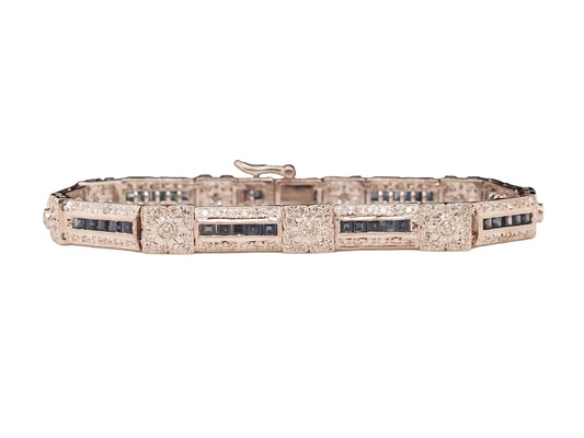 Vintage 18K White Gold Diamond and Sapphire Bracelet - VHK#741a