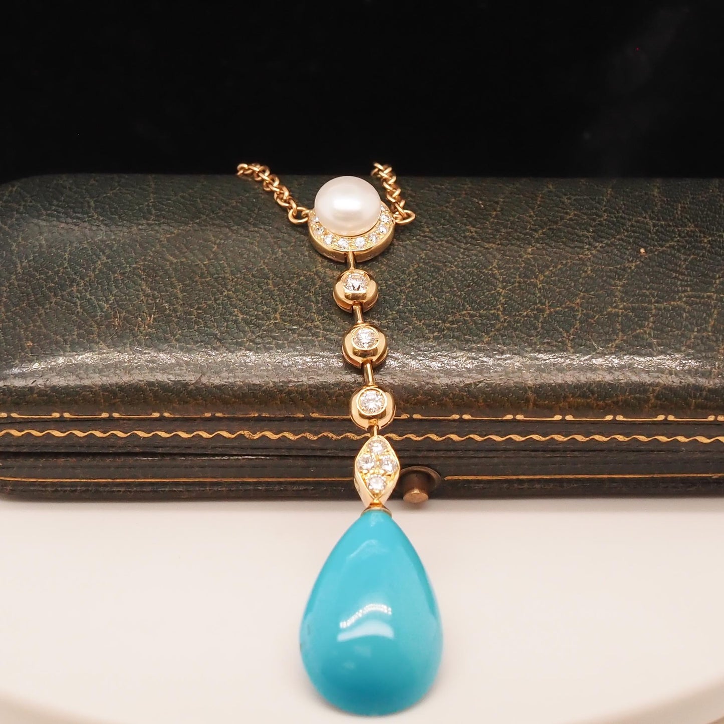 18K Yellow Gold Diamond, Pearl and Turquoise Drop Pendant - VHK#739