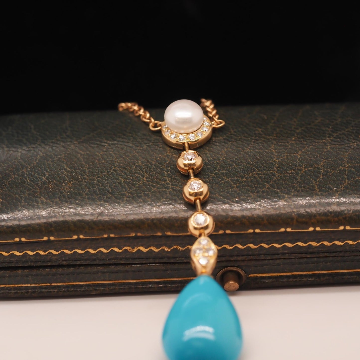 18K Yellow Gold Diamond, Pearl and Turquoise Drop Pendant - VHK#739