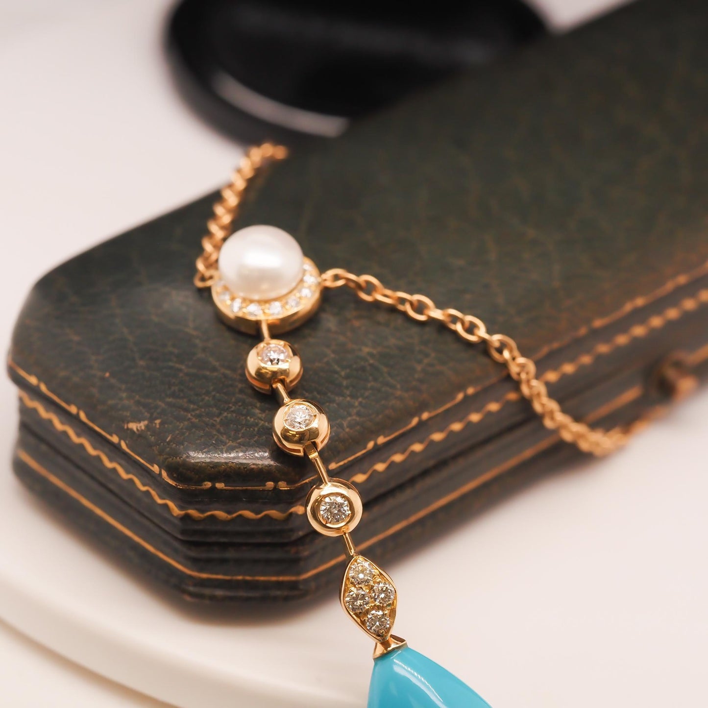 18K Yellow Gold Diamond, Pearl and Turquoise Drop Pendant - VHK#739