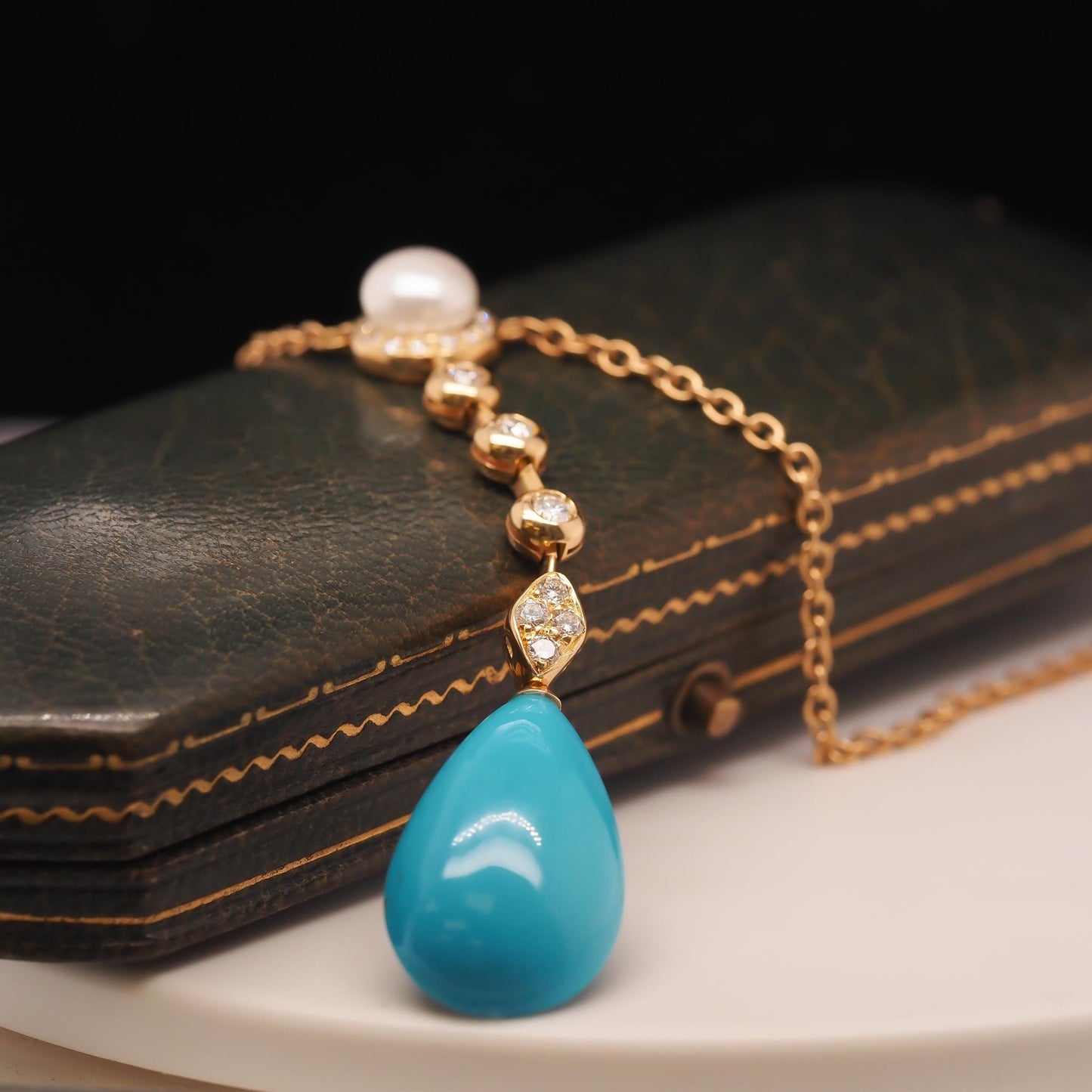 18K Yellow Gold Diamond, Pearl and Turquoise Drop Pendant - VHK#739