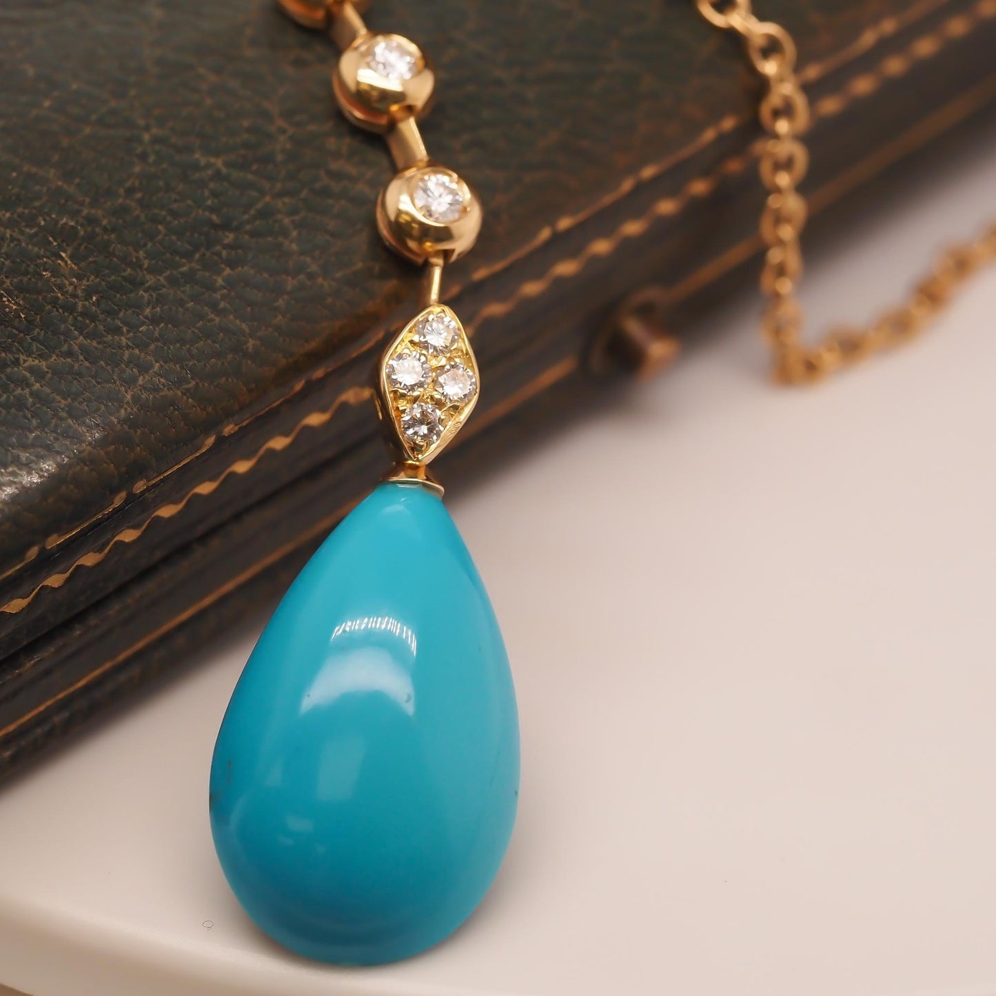 18K Yellow Gold Diamond, Pearl and Turquoise Drop Pendant - VHK#739