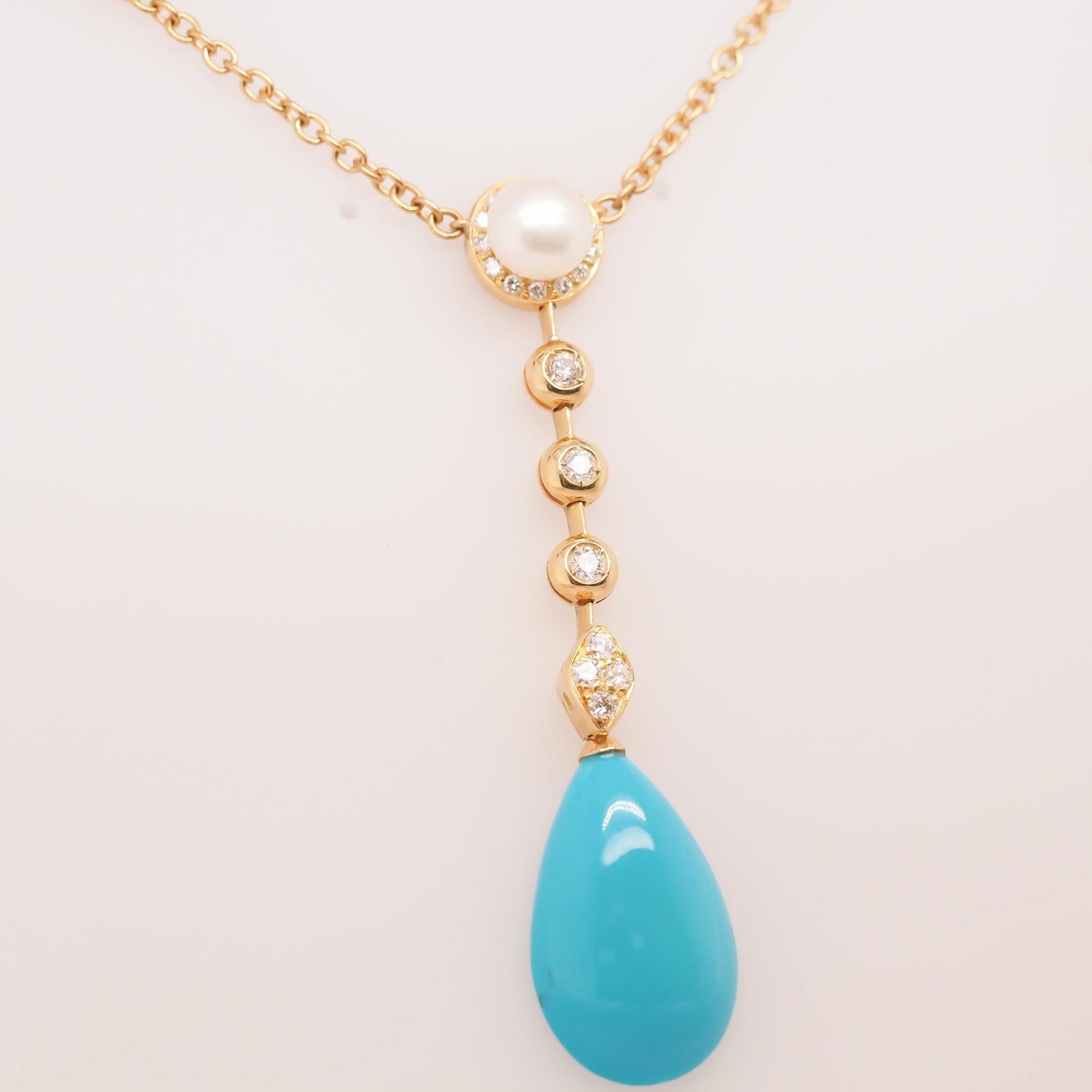 18K Yellow Gold Diamond, Pearl and Turquoise Drop Pendant - VHK#739
