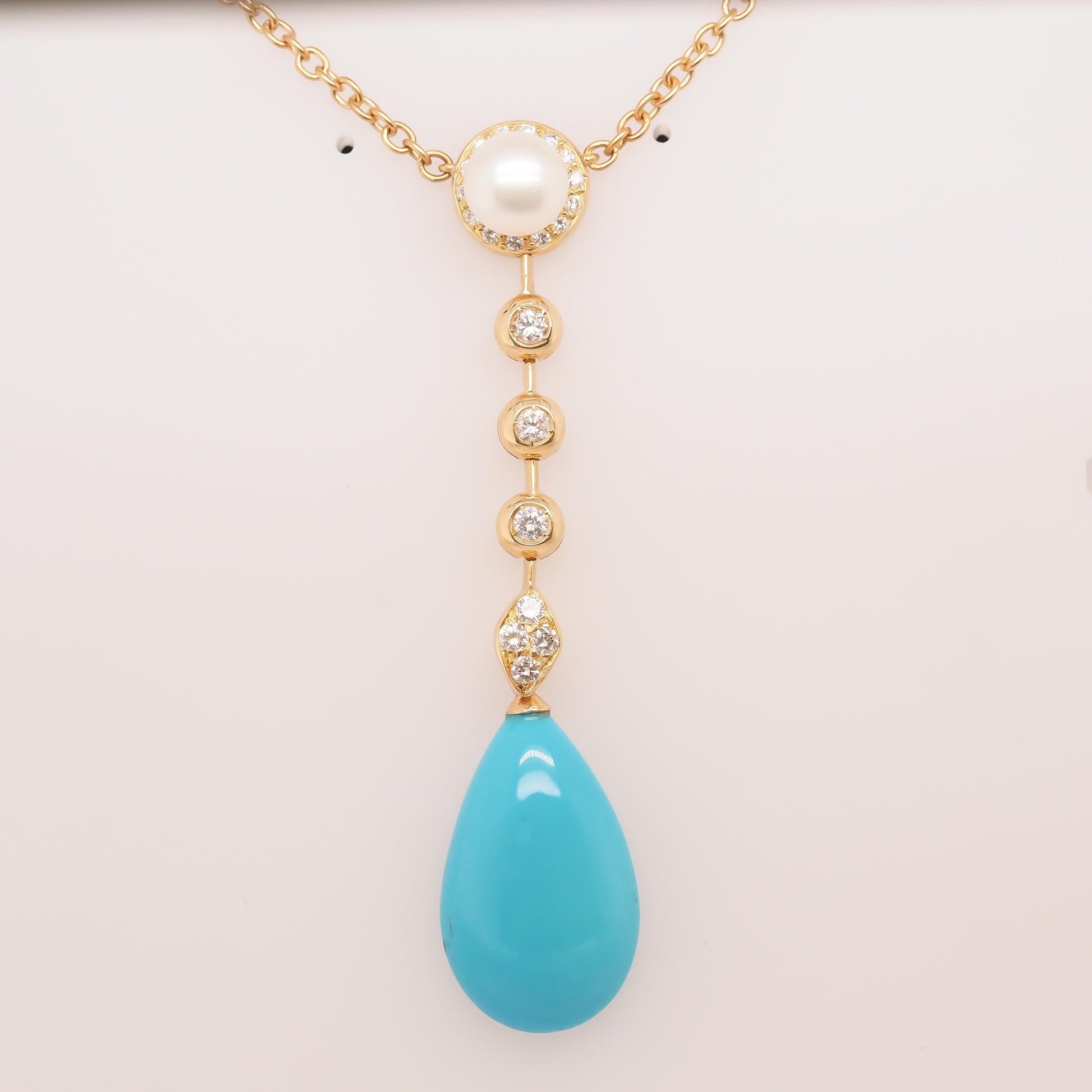 18K Yellow Gold Diamond, Pearl and Turquoise Drop Pendant - VHK#739