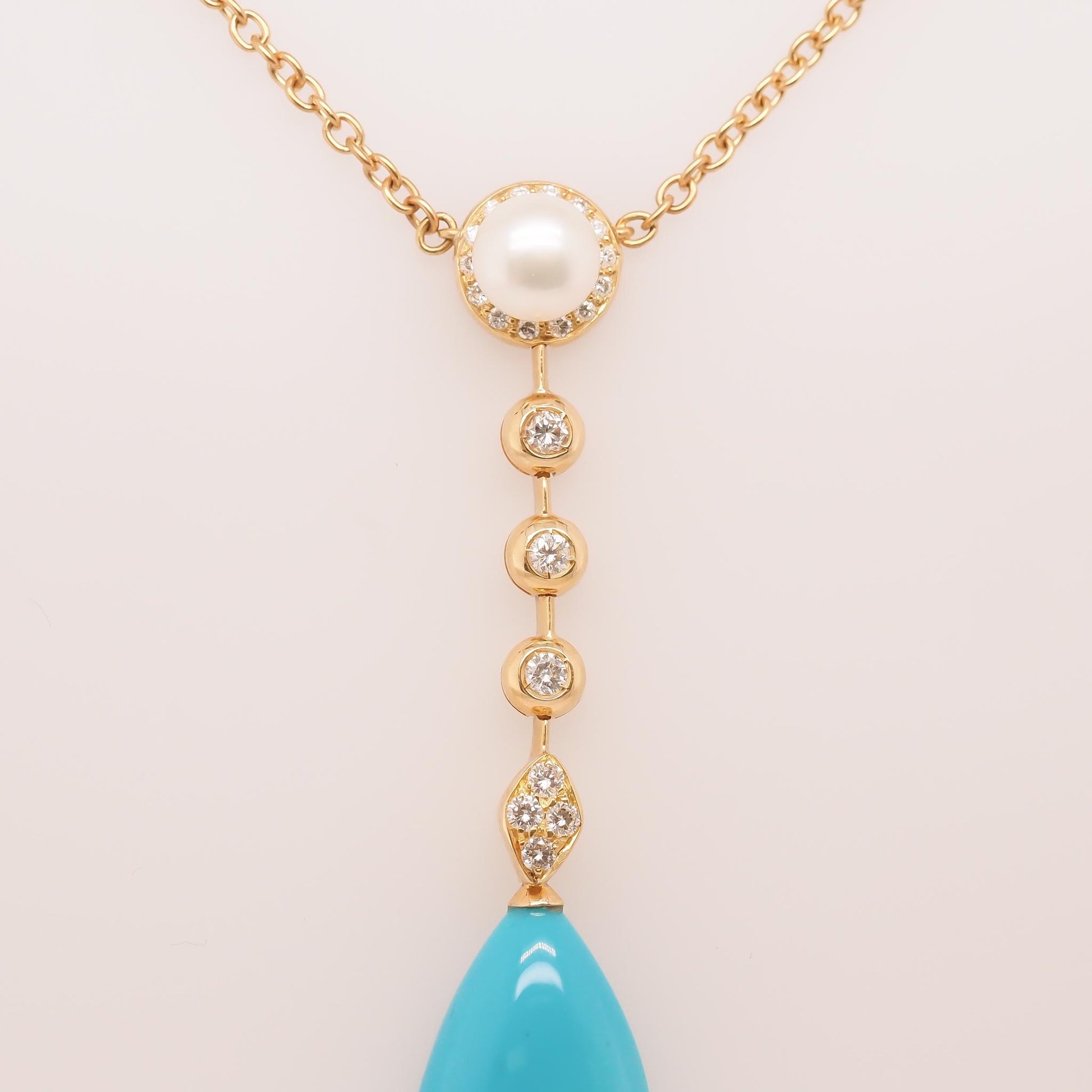 18K Yellow Gold Diamond, Pearl and Turquoise Drop Pendant - VHK#739