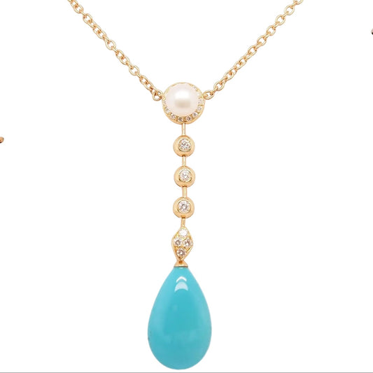 18K Yellow Gold Diamond, Pearl and Turquoise Drop Pendant - VHK#739
