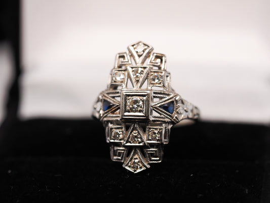 18K White Gold Art Deco Diamond and Sapphire Shield Ring