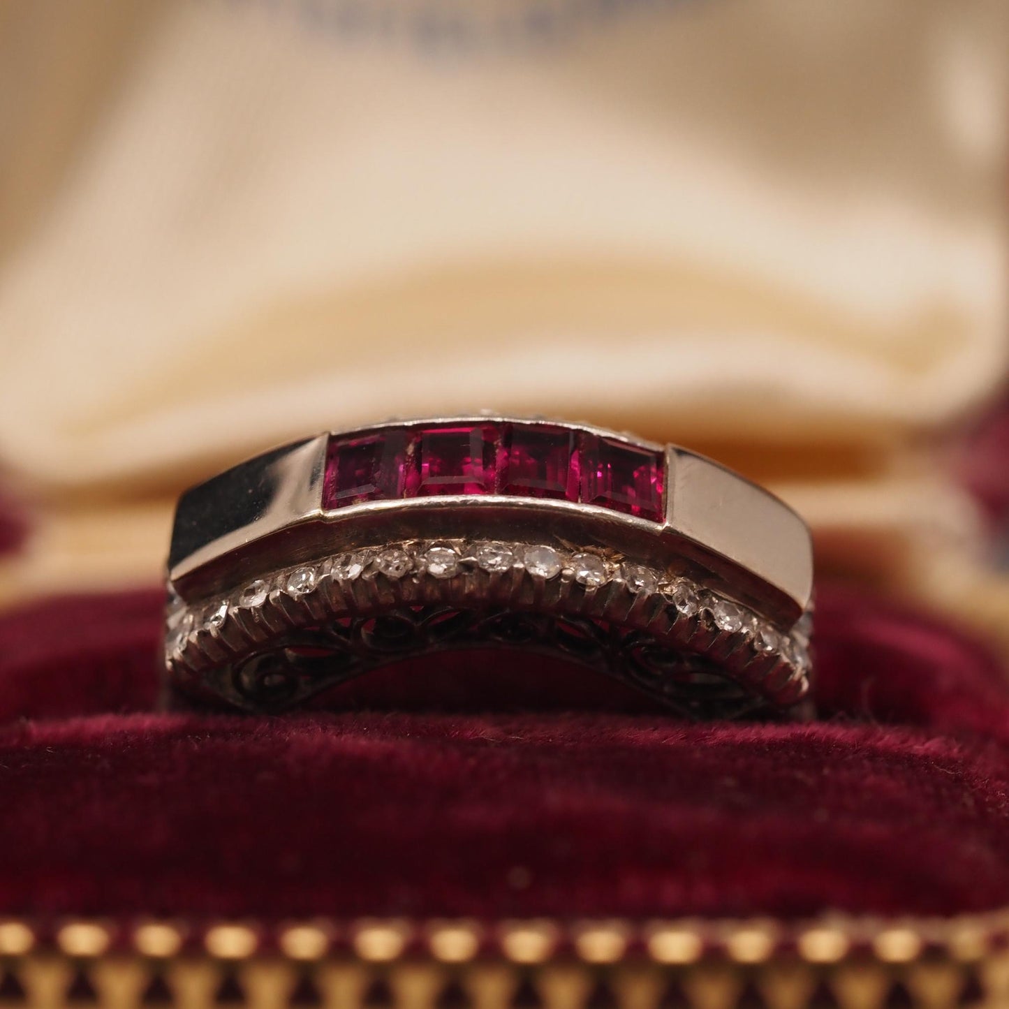 Vintage 18K White Gold Ruby and Diamond Wedding Band - VHK#500a