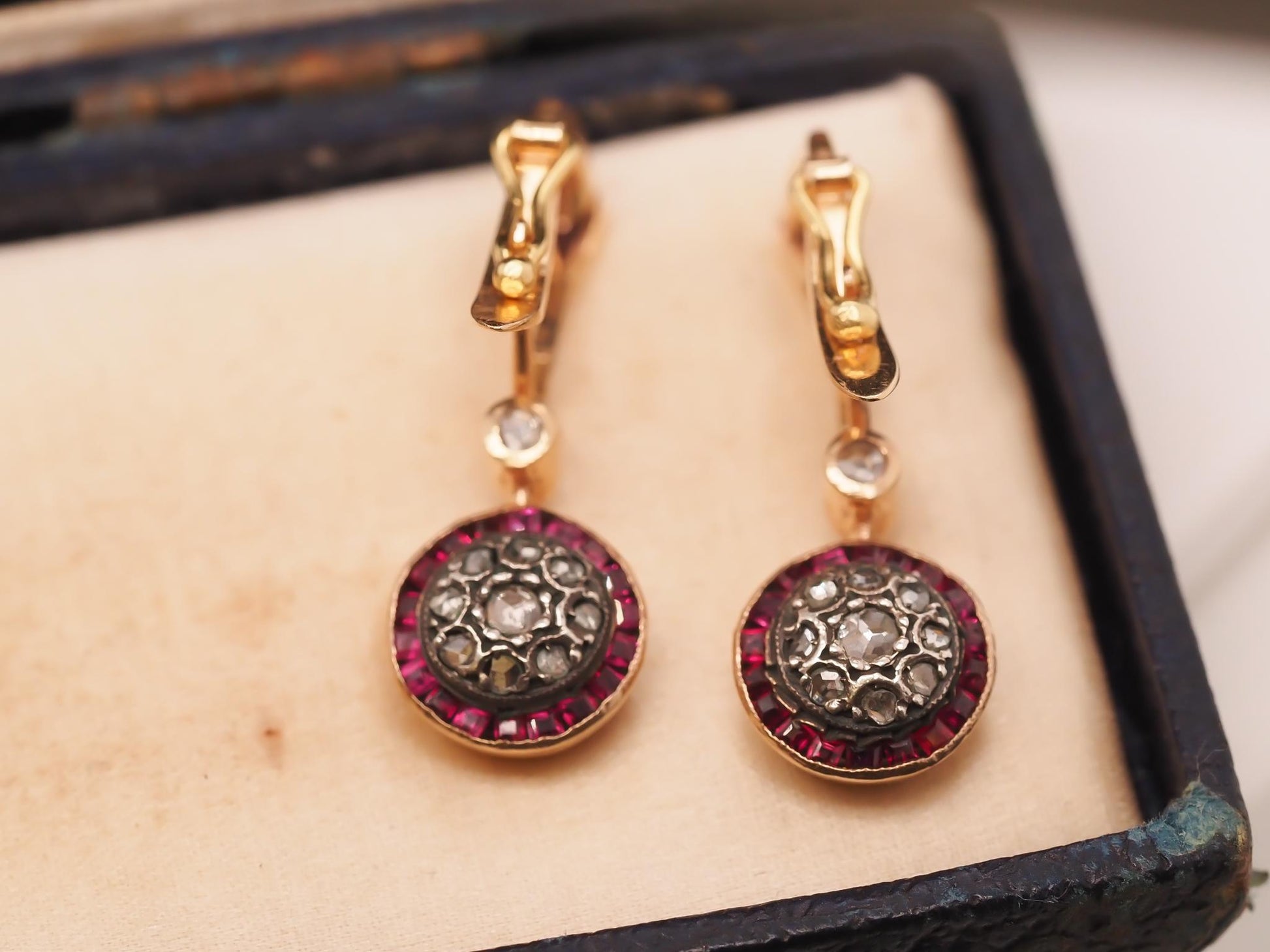 Circa 1930s Art Deco Ruby and Rose Cut Diamond Earrings - VHK#507a