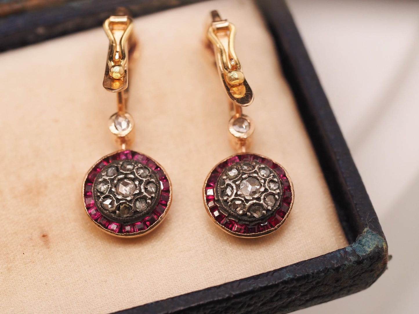 Circa 1930s Art Deco Ruby and Rose Cut Diamond Earrings - VHK#507a
