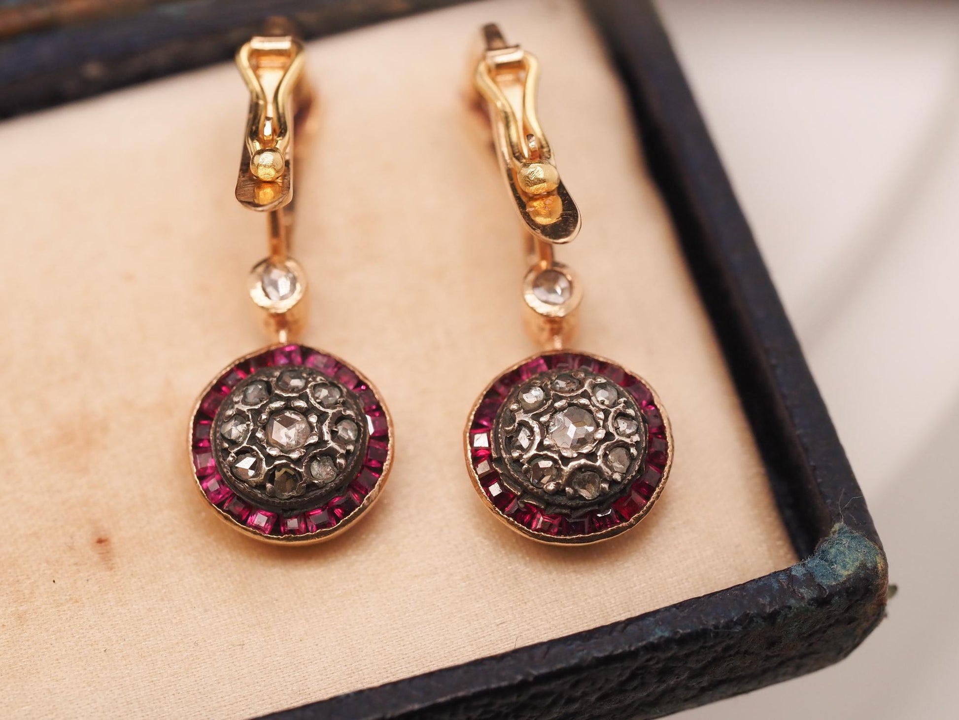 Circa 1930s Art Deco Ruby and Rose Cut Diamond Earrings - VHK#507a