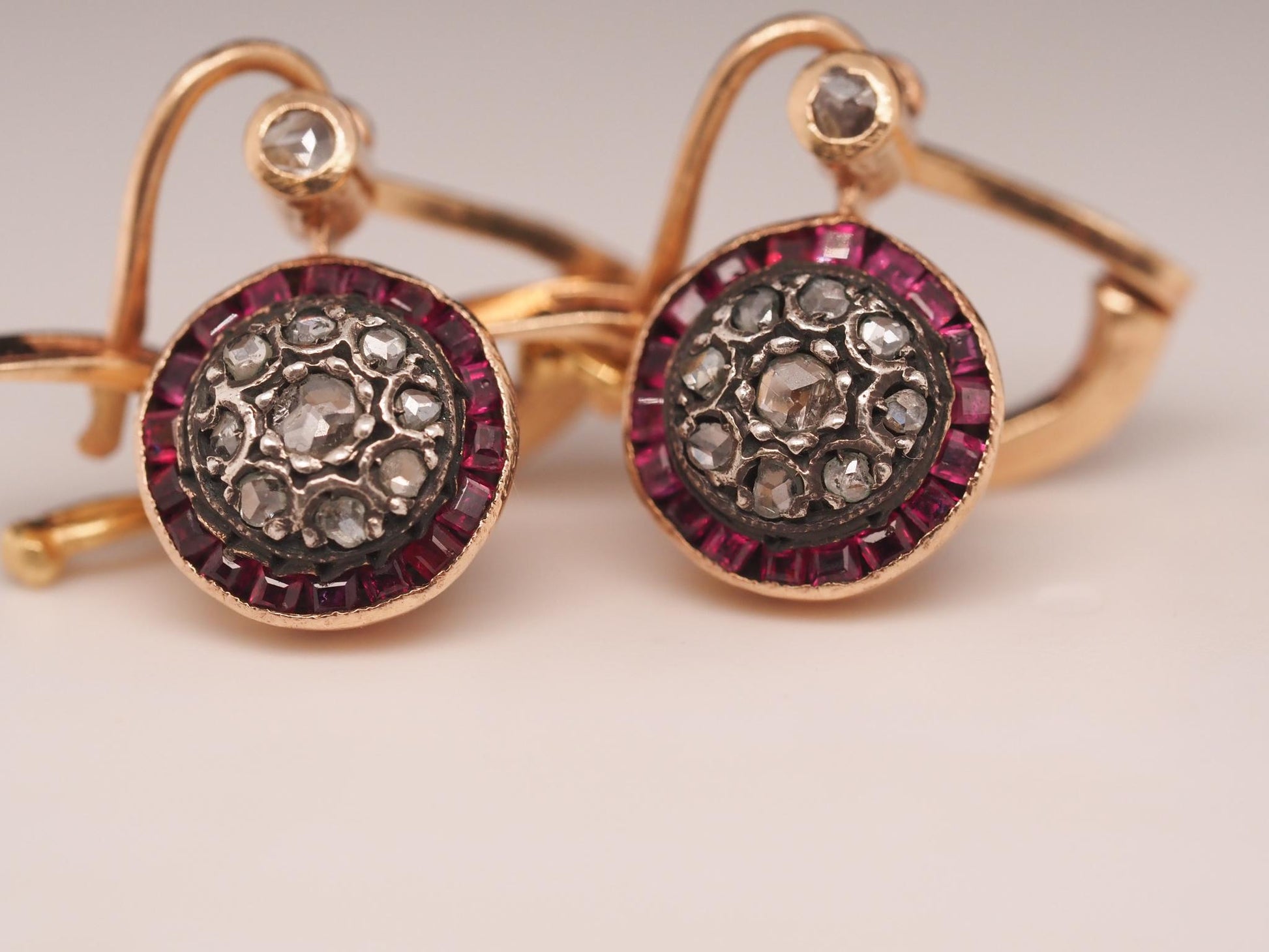 Circa 1930s Art Deco Ruby and Rose Cut Diamond Earrings - VHK#507a