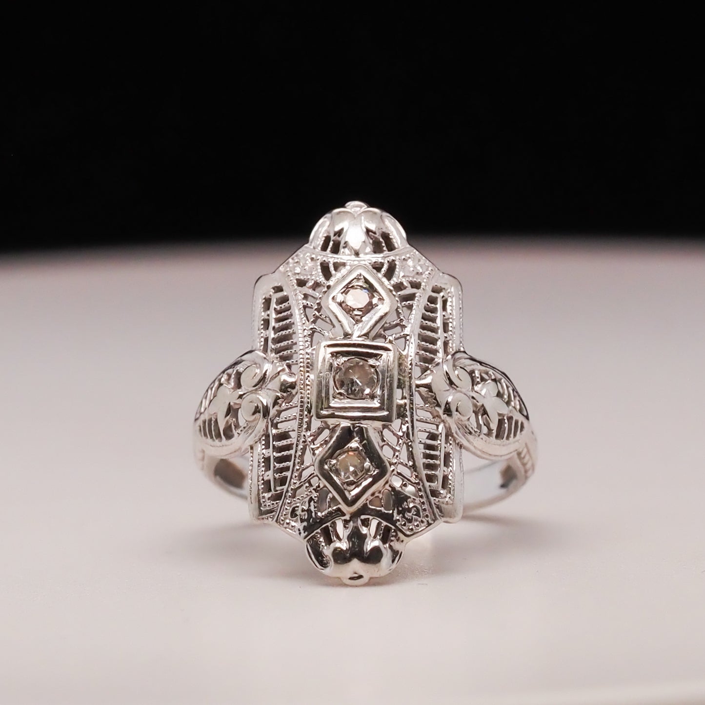 18K White Gold Art Deco Diamond Shield Ring