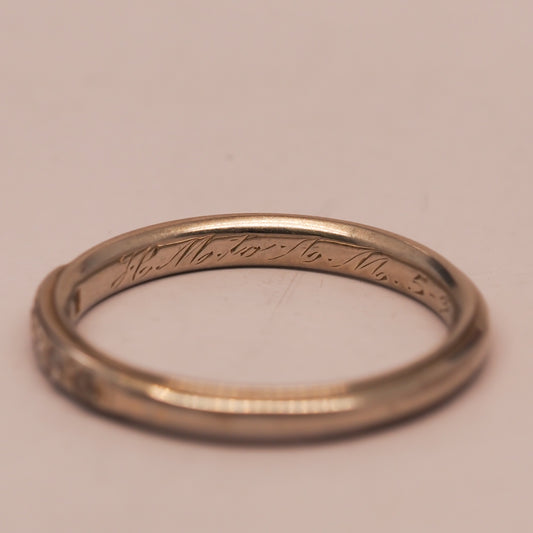 Circa 1929 Engraved 18K White Gold Art Deco Diamond Wedding Band