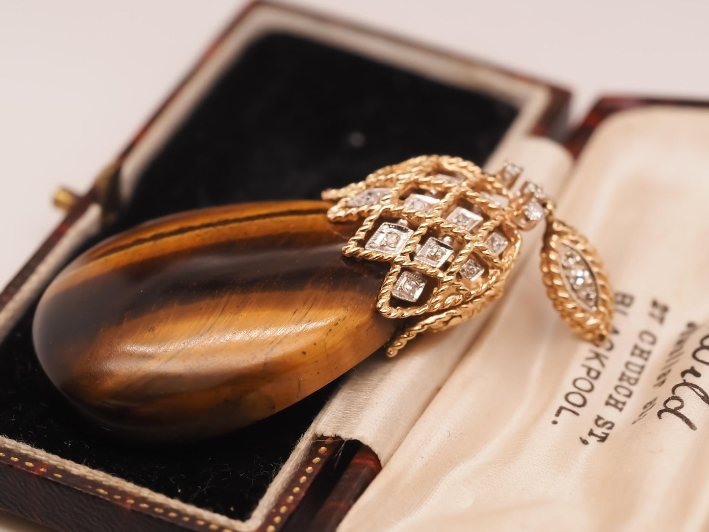 Vintage Large Tigers Eye 14K Yellow Gold Diamond Pendant