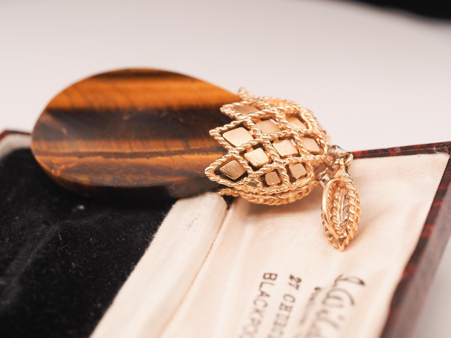 Vintage Large Tigers Eye 14K Yellow Gold Diamond Pendant