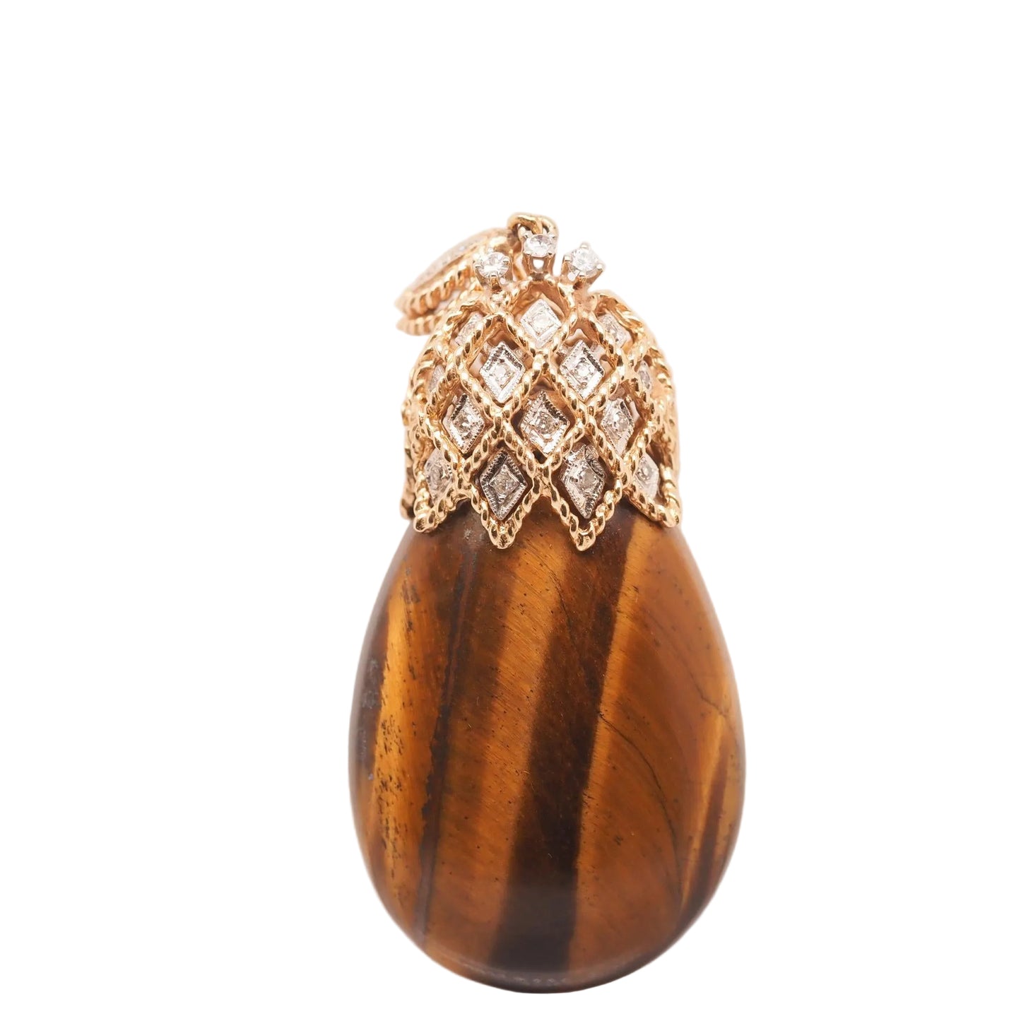 Vintage Large Tigers Eye 14K Yellow Gold Diamond Pendant