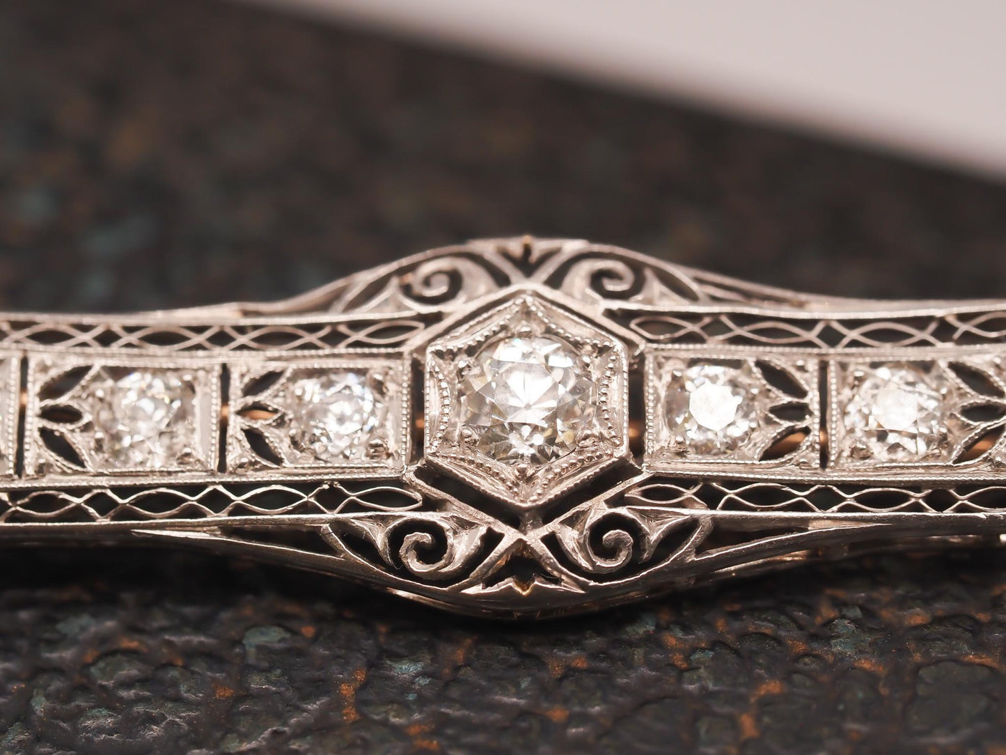 Circa 1930s Platinum Art Deco Filigree Old European Diamond Brooch and Pin - VHK