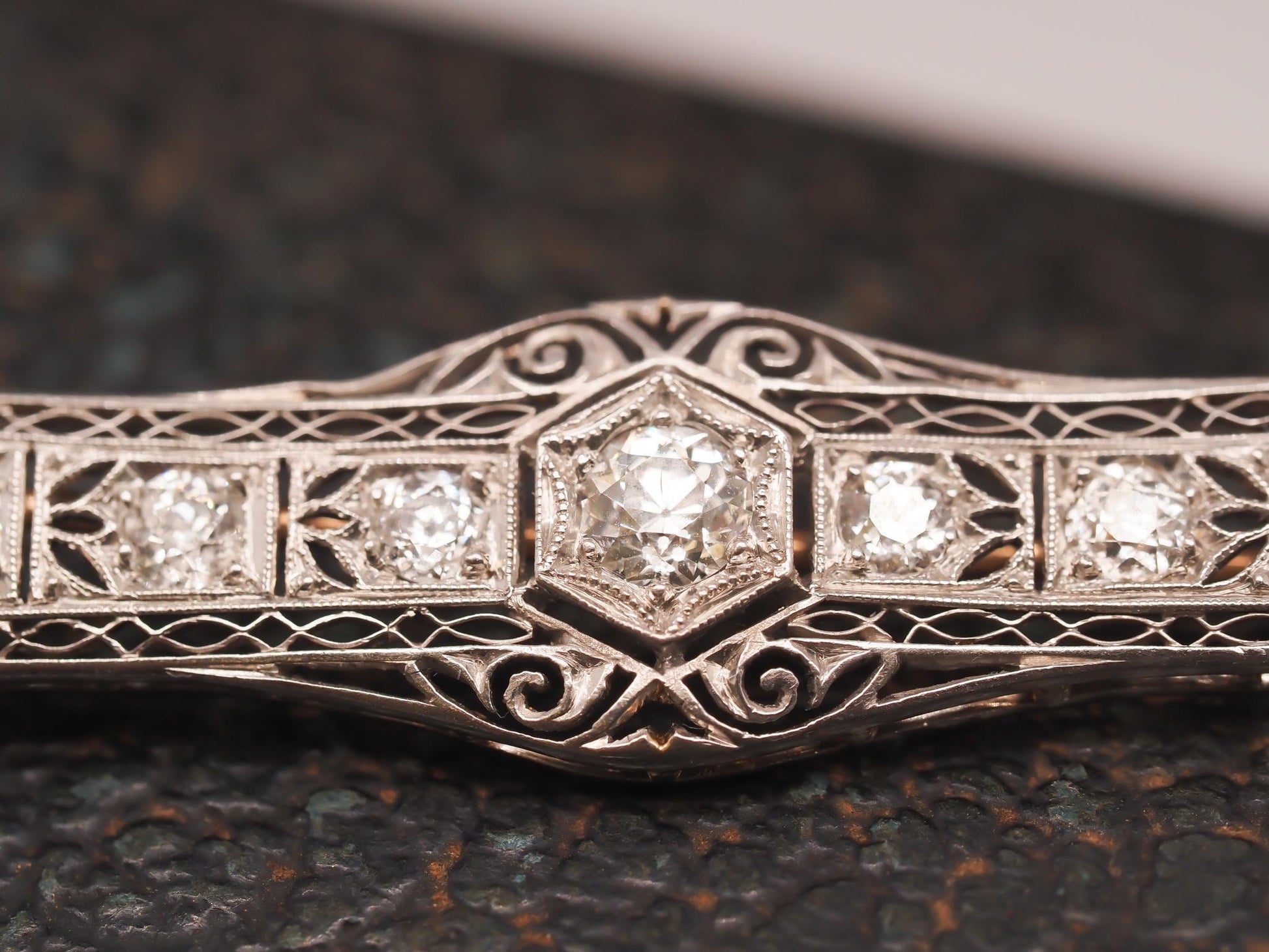 Circa 1930s Platinum Art Deco Filigree Old European Diamond Brooch and Pin - VHK