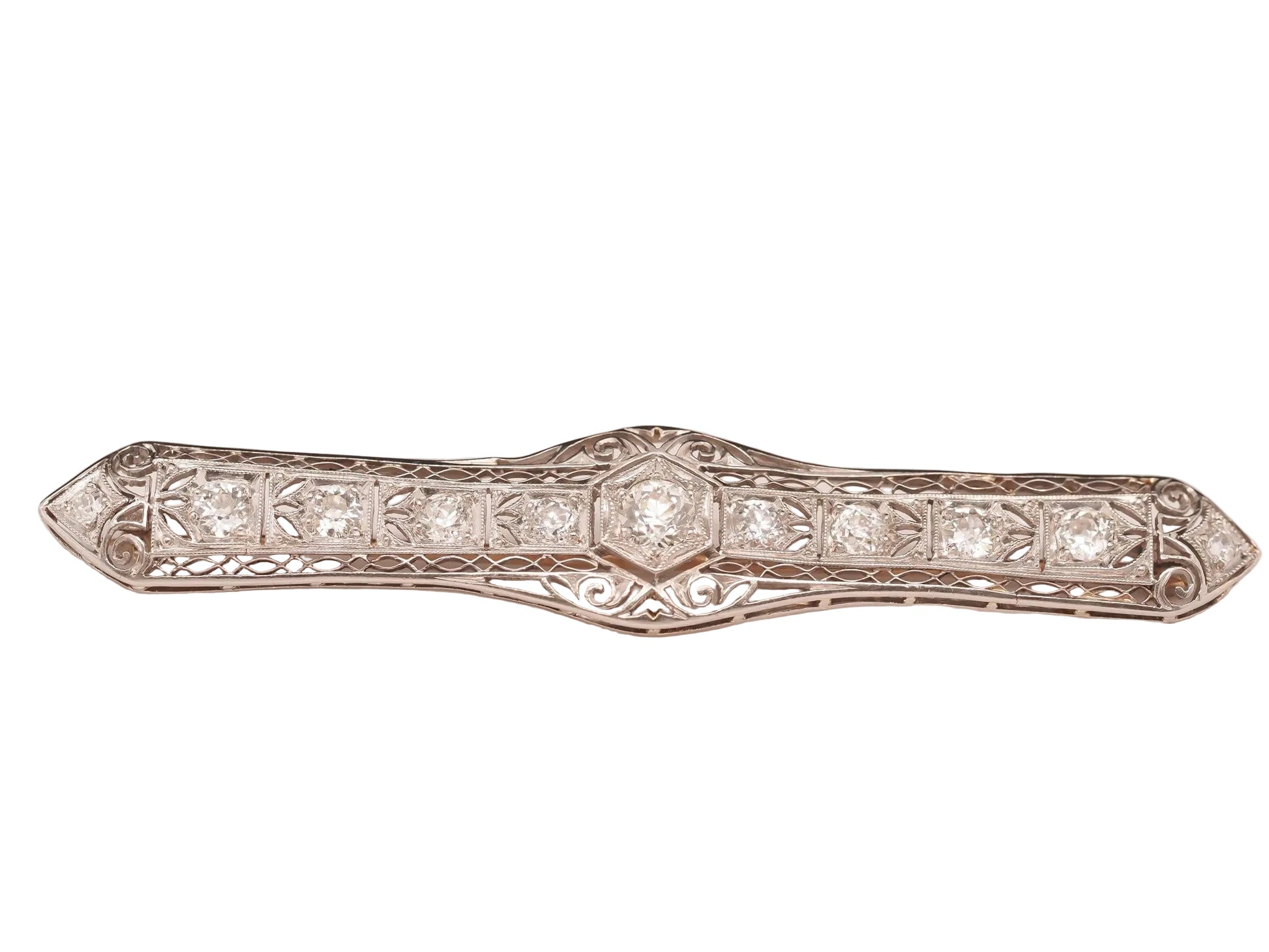 Circa 1930s Platinum Art Deco Filigree Old European Diamond Brooch and Pin - VHK