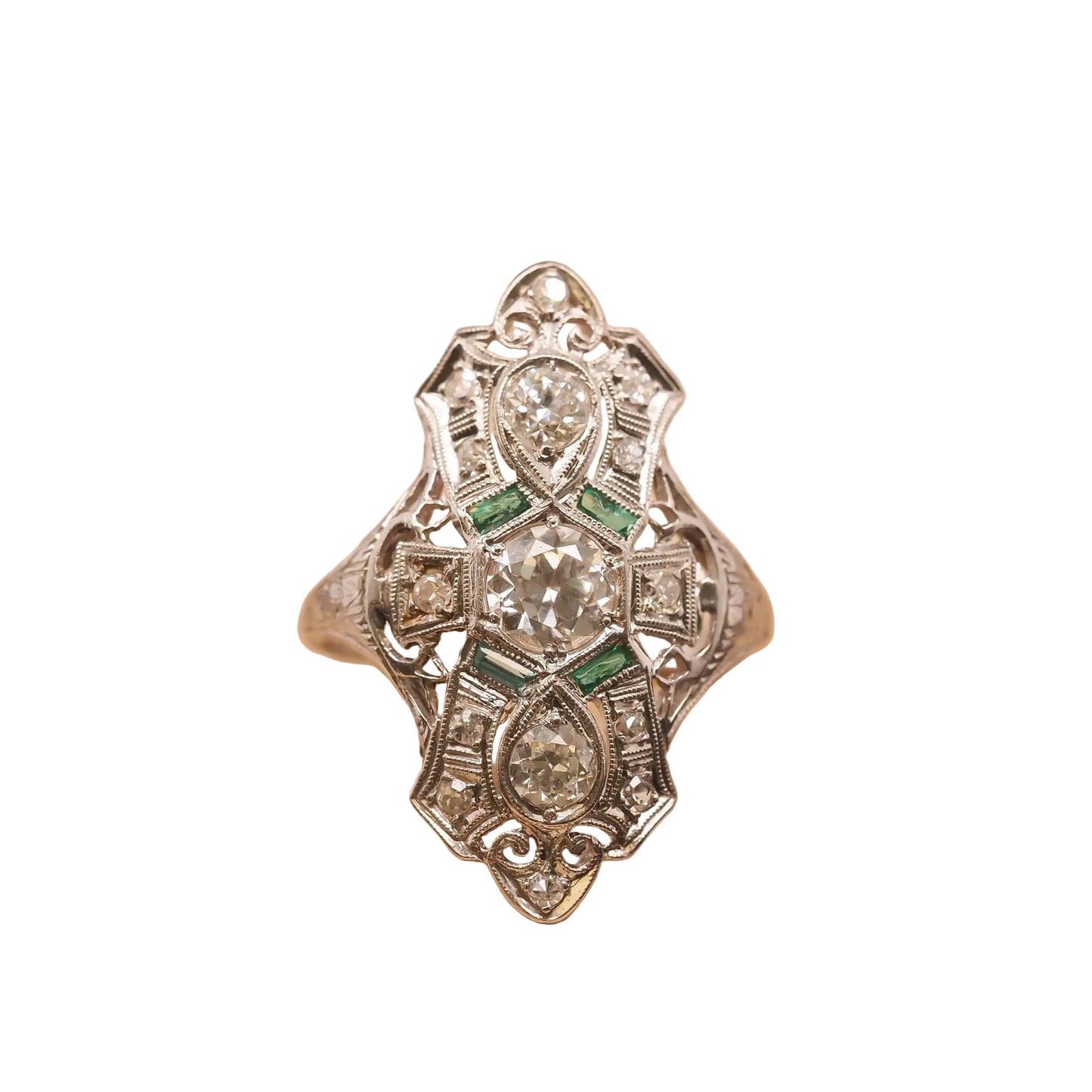 Circa 1920s Platinum Shield Ring with Old European Cut Diamond and Emeralds