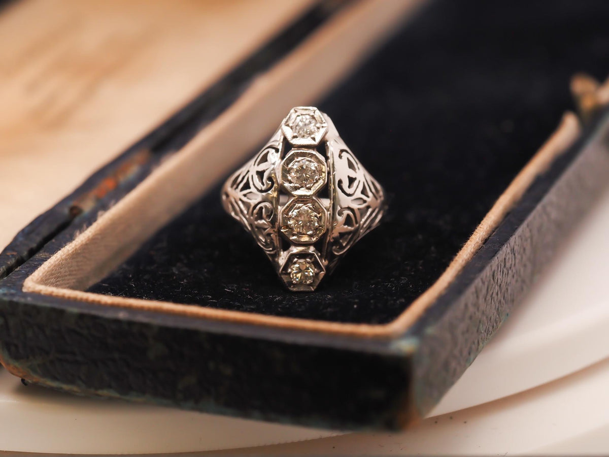 Circa 1930s Art Deco 18K Old European Diamond Shield Ring- VHK#272