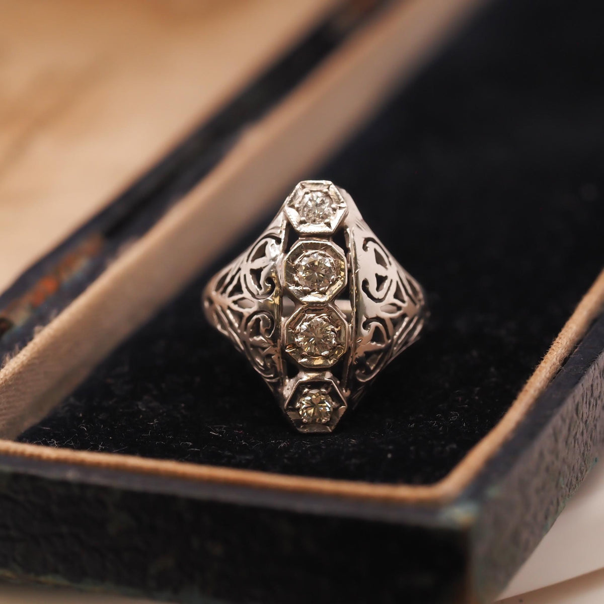 Circa 1930s Art Deco 18K Old European Diamond Shield Ring- VHK#272