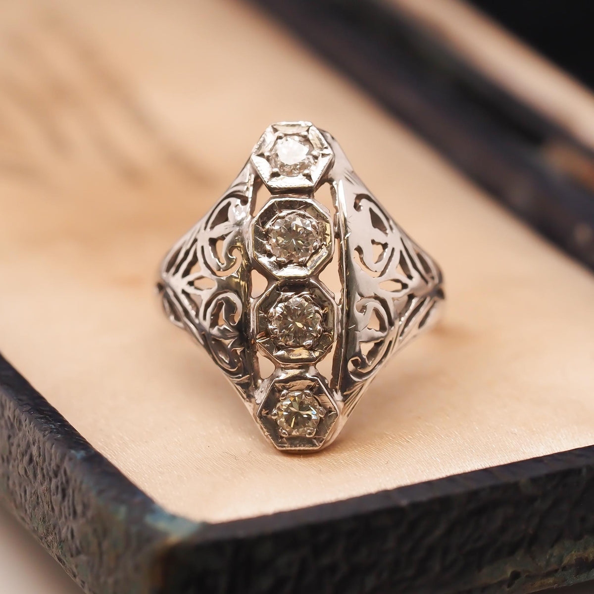 Circa 1930s Art Deco 18K Old European Diamond Shield Ring- VHK#272