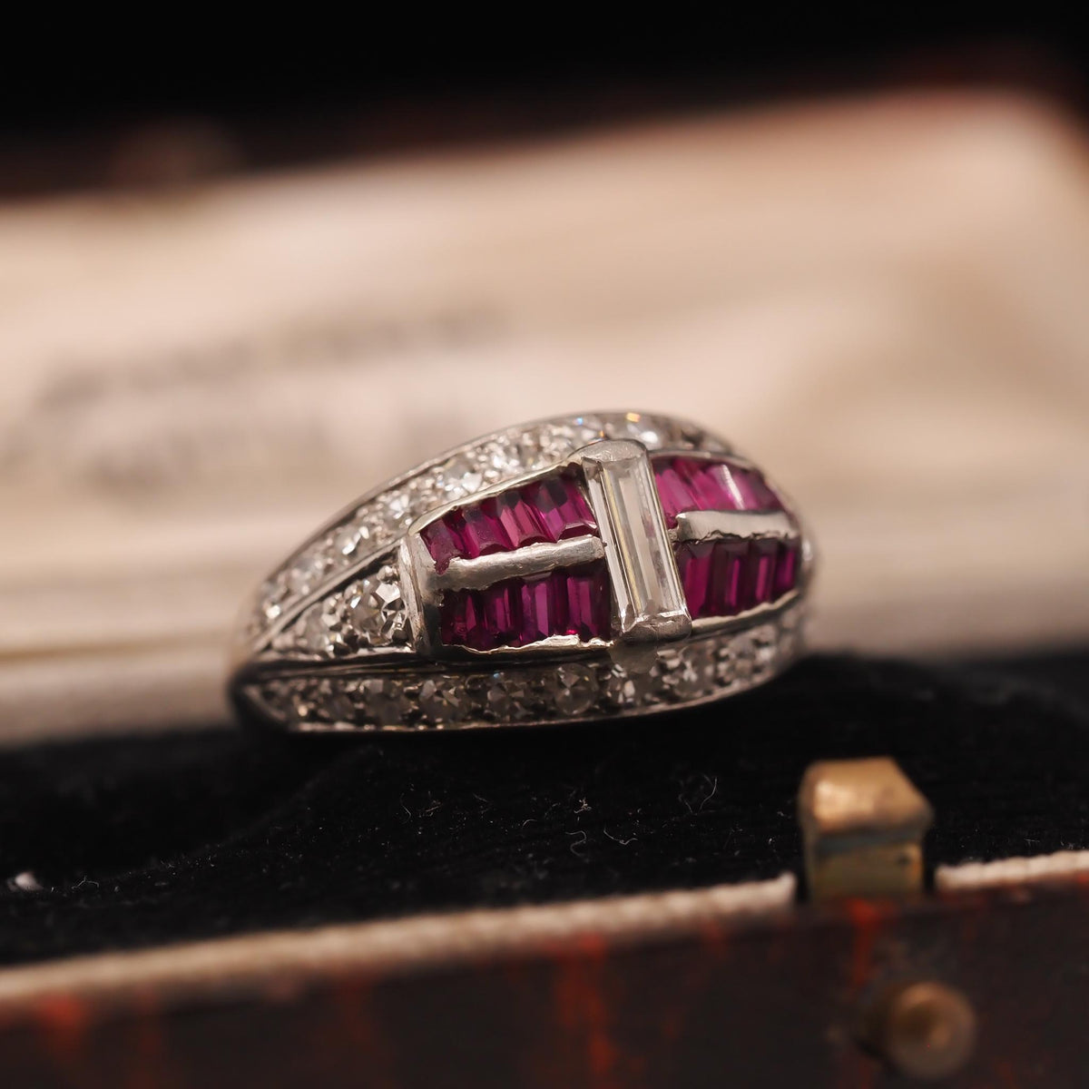 Art Deco Platinum Ruby and Baguette Diamond Ring - VHK#267a