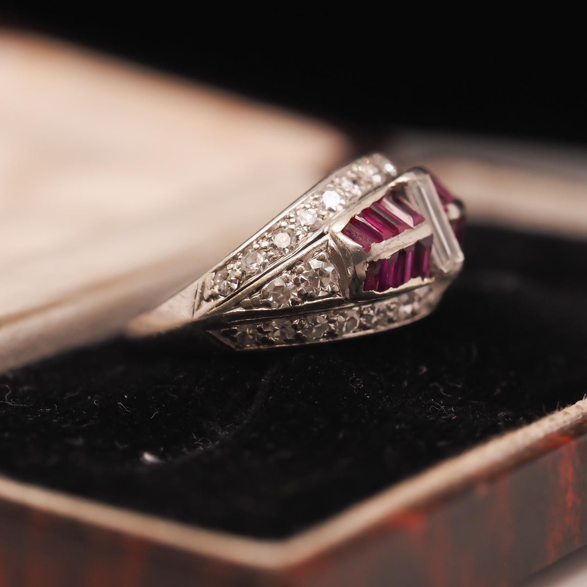 Art Deco Platinum Ruby and Baguette Diamond Ring - VHK#267a