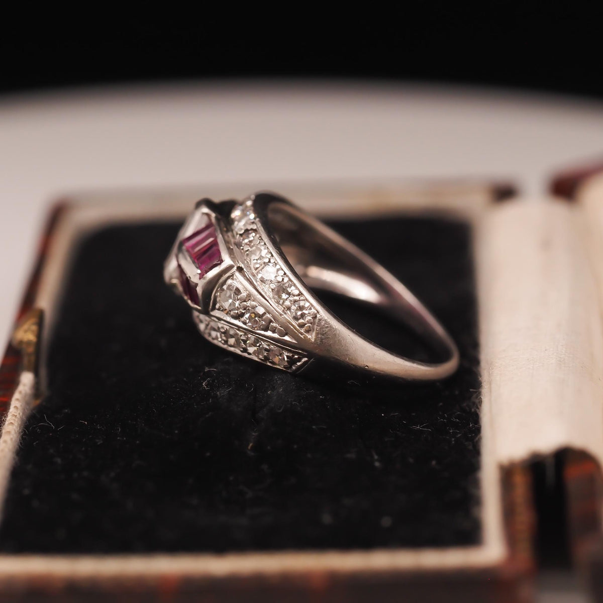 Art Deco Platinum Ruby and Baguette Diamond Ring - VHK#267a