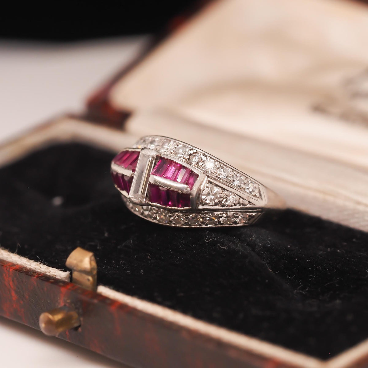 Art Deco Platinum Ruby and Baguette Diamond Ring - VHK#267a