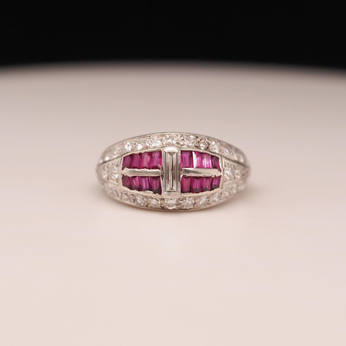 Art Deco Platinum Ruby and Baguette Diamond Ring - VHK#267a