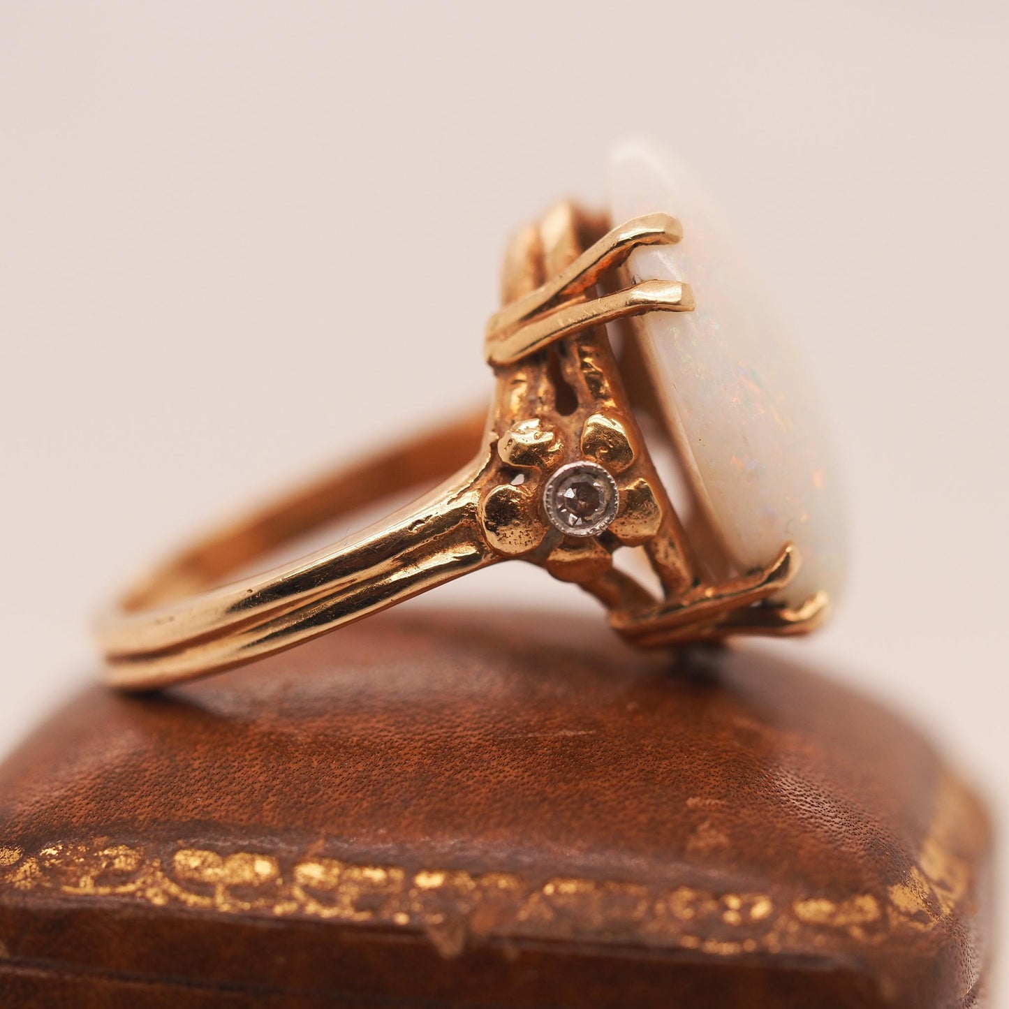 1950s 14K Yellow Gold Large Opal and Diamond Ring - VHK#47b