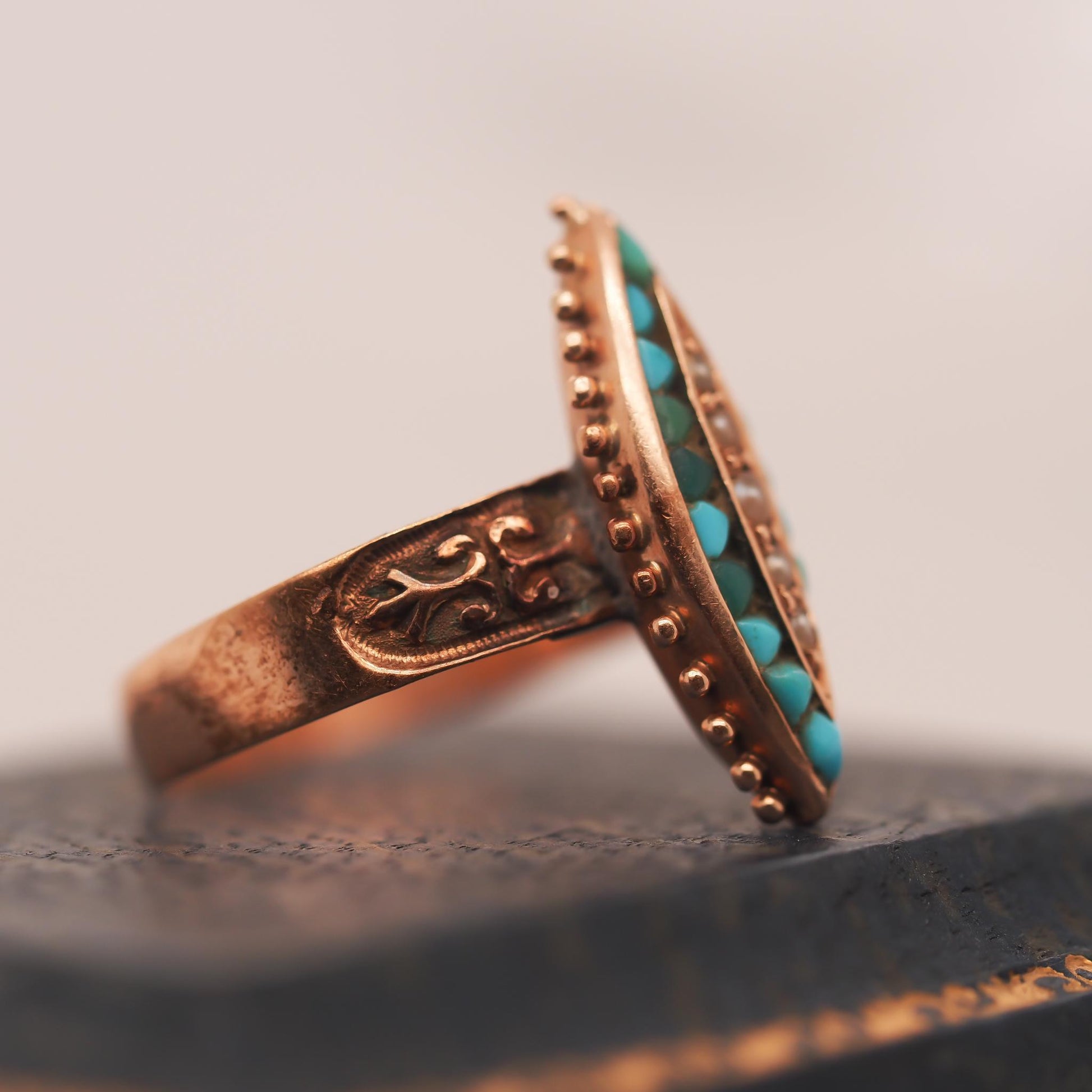 Victorian Rose Gold Turquoise and Pearl Ring - VHK#15a