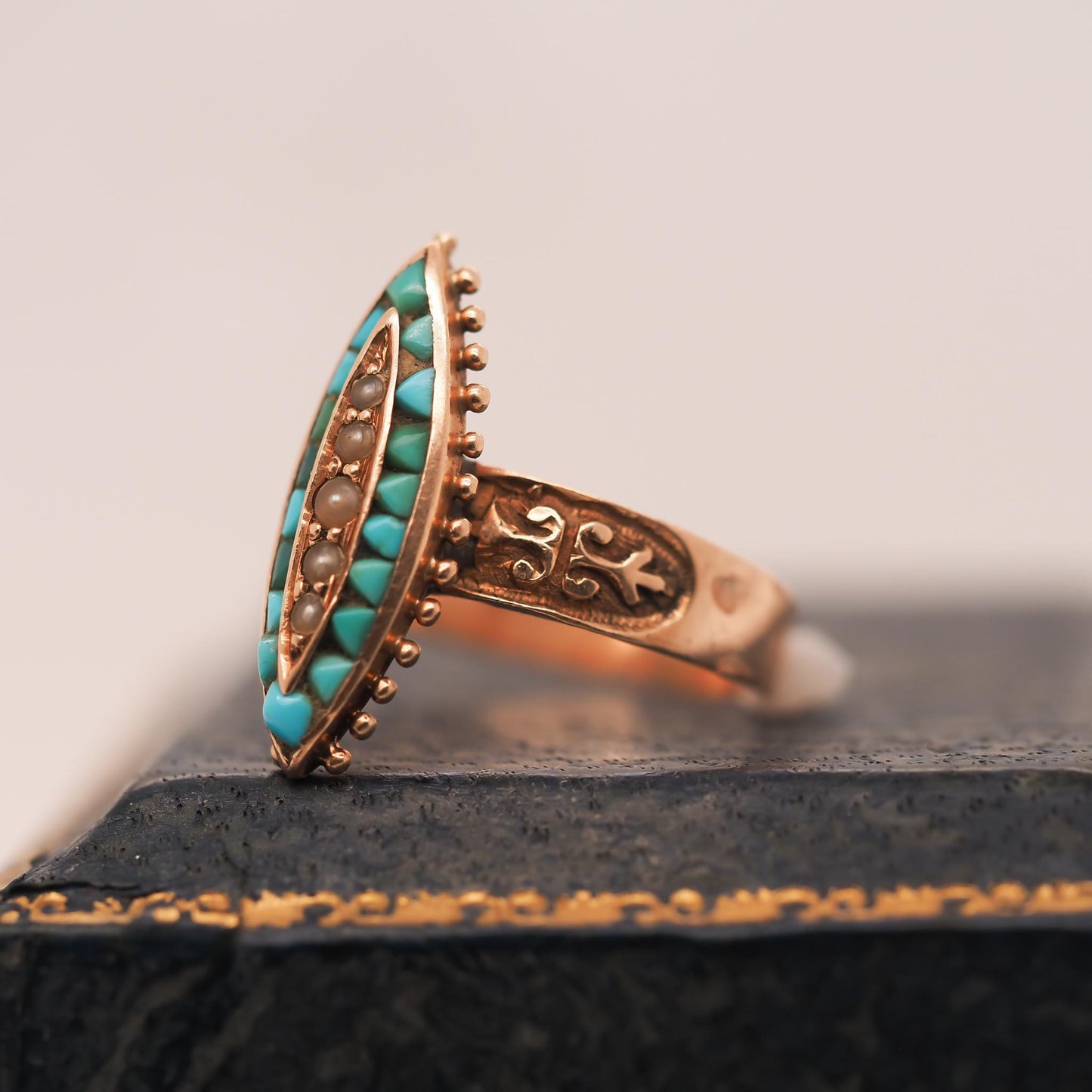 Victorian Rose Gold Turquoise and Pearl Ring - VHK#15a