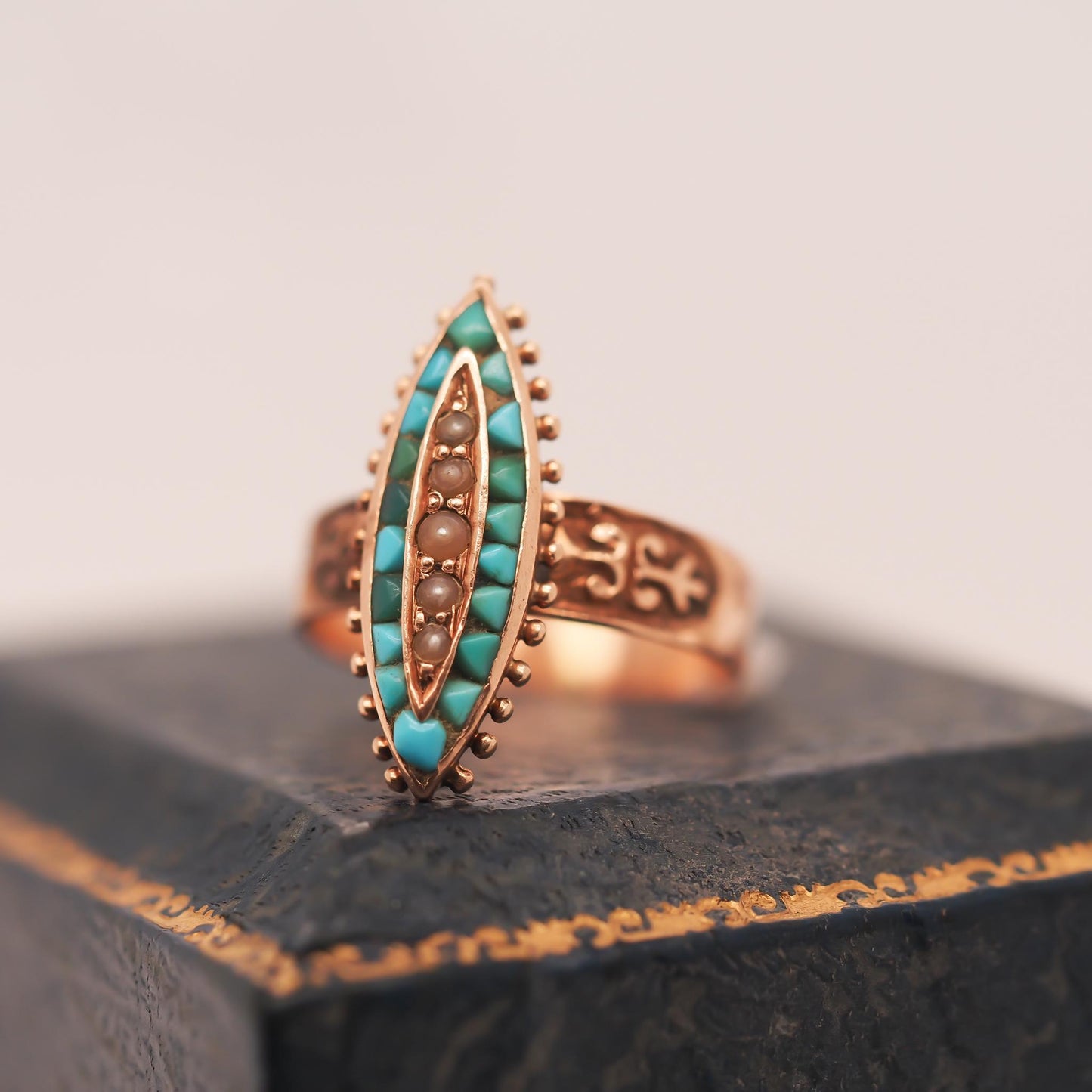 Victorian Rose Gold Turquoise and Pearl Ring - VHK#15a