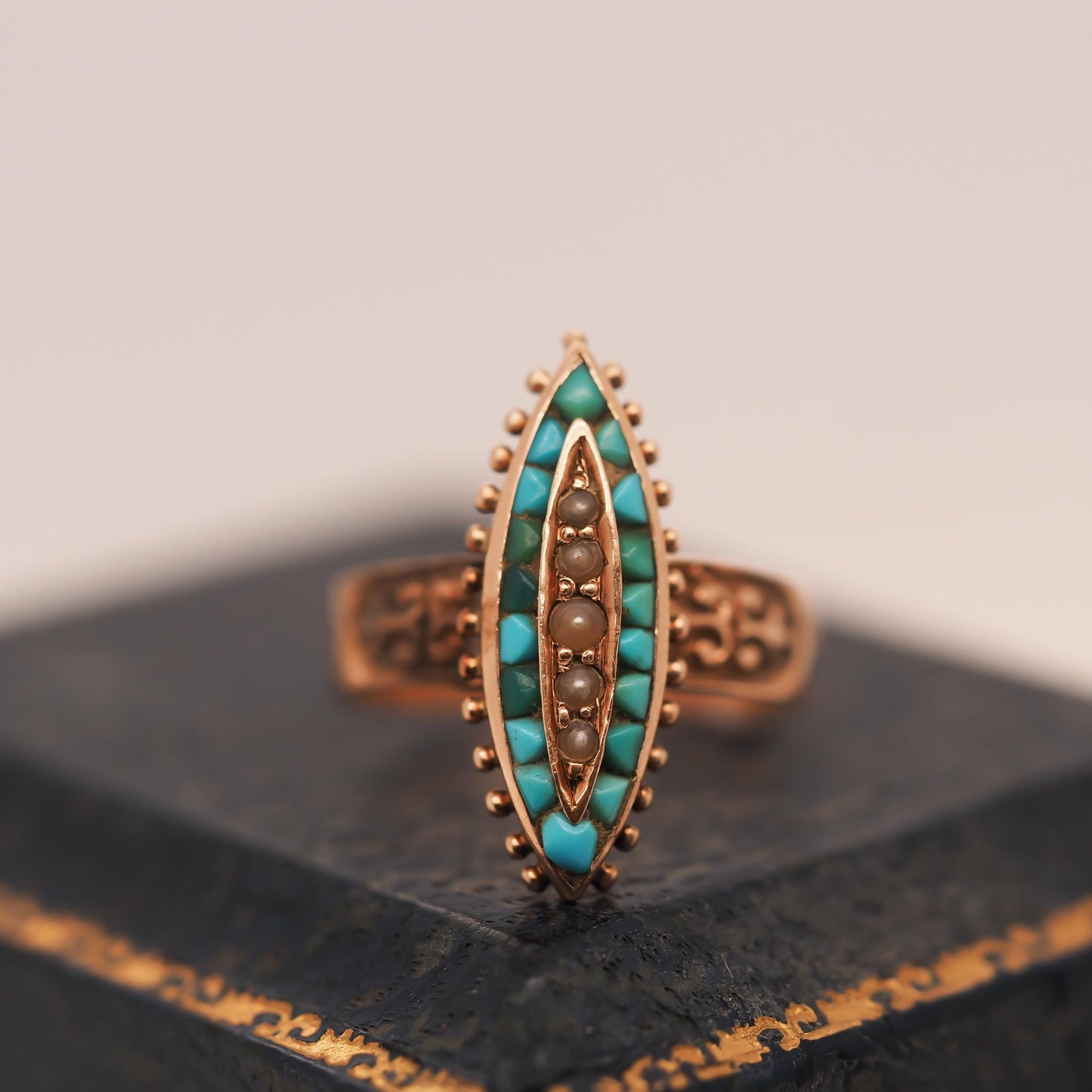 Victorian Rose Gold Turquoise and Pearl Ring - VHK#15a