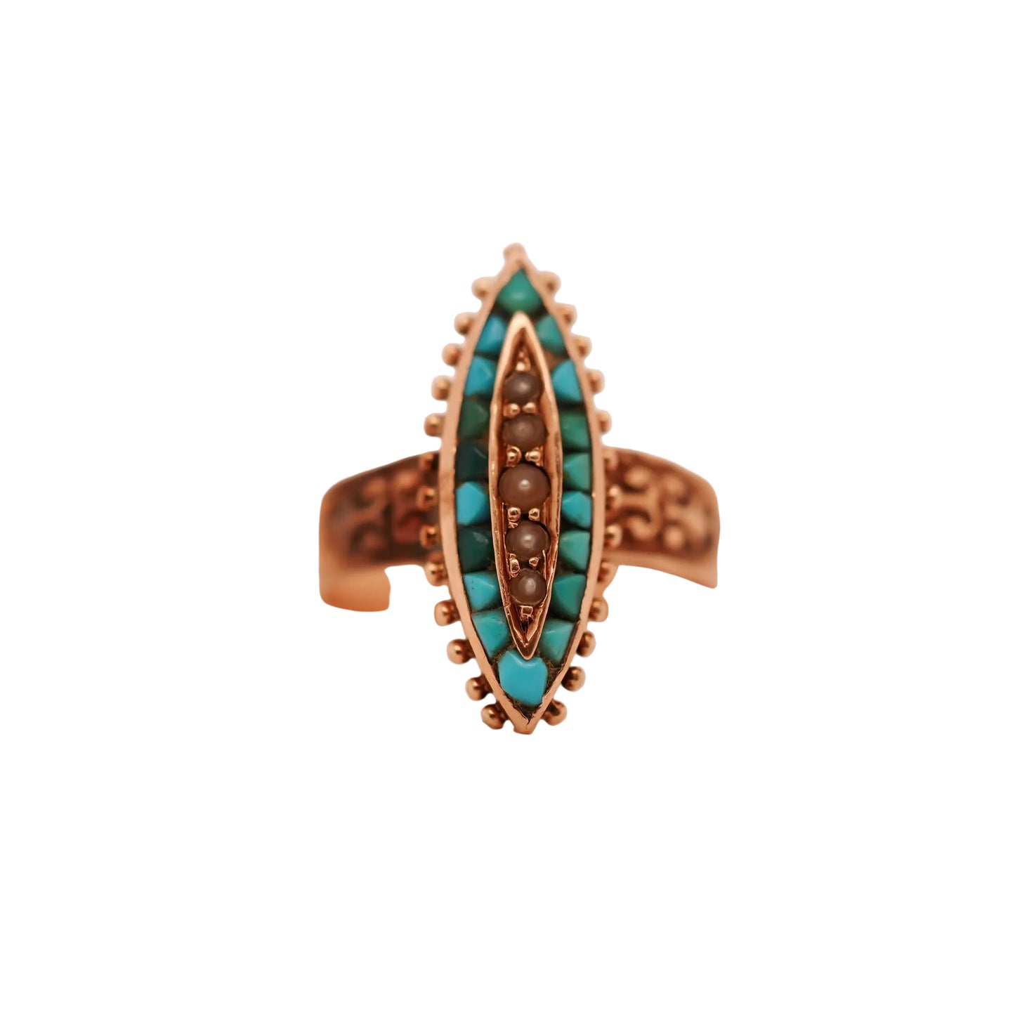 Victorian Rose Gold Turquoise and Pearl Ring - VHK#15a
