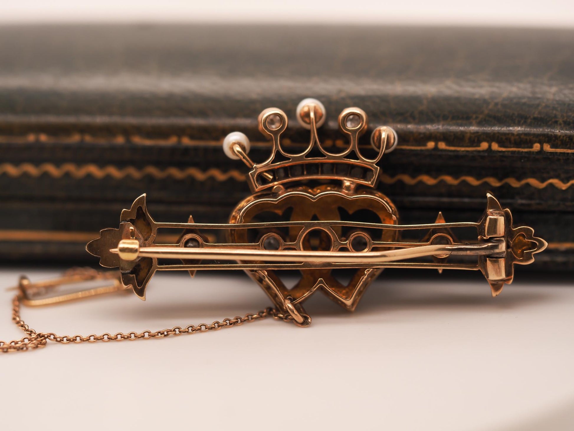 Victorian 14K Yellow Gold Old Mine Diamond and Pearl Heart and Crown Brooch