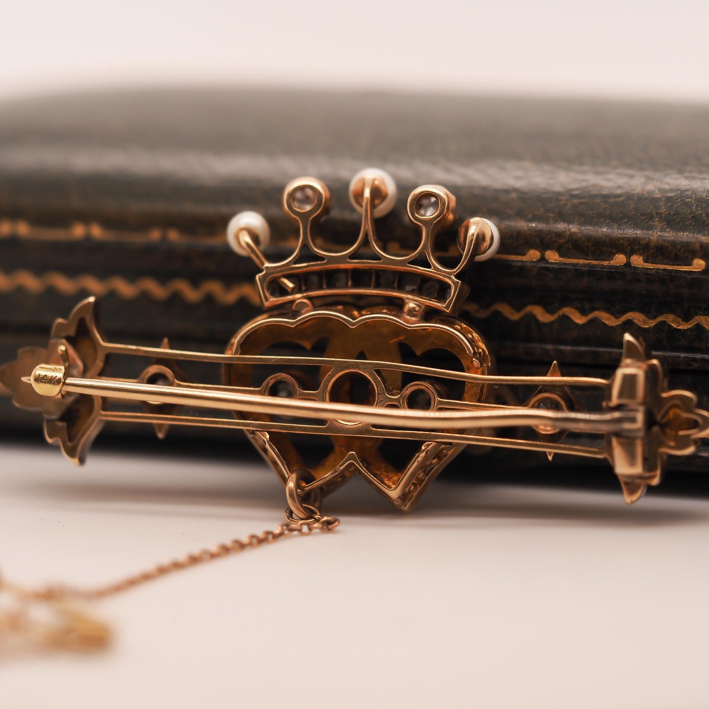 Victorian 14K Yellow Gold Old Mine Diamond and Pearl Heart and Crown Brooch