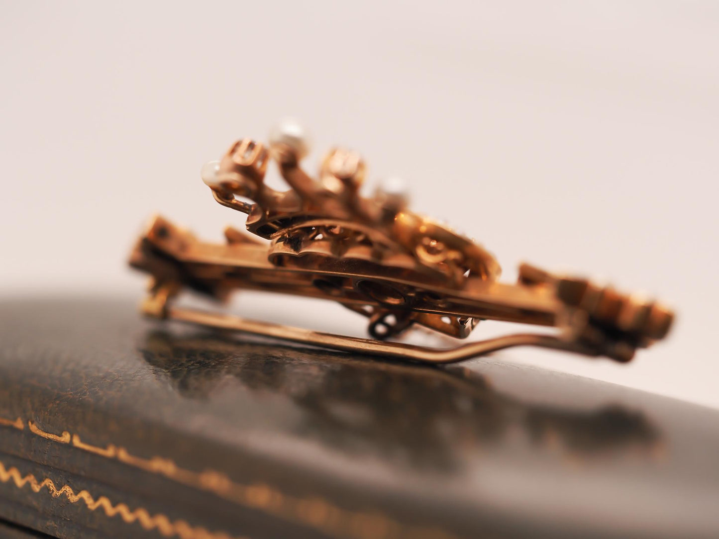 Victorian 14K Yellow Gold Old Mine Diamond and Pearl Heart and Crown Brooch