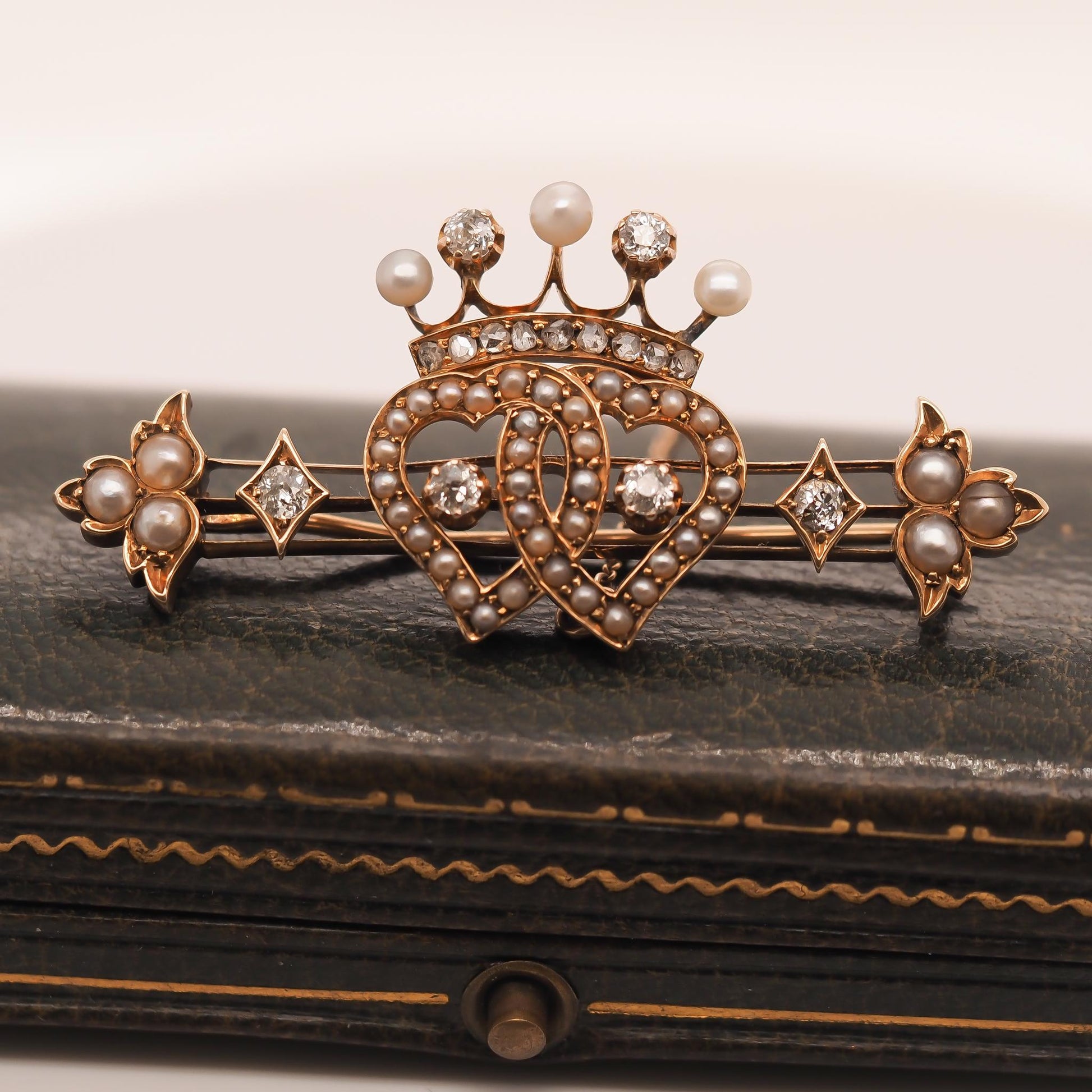 Victorian 14K Yellow Gold Old Mine Diamond and Pearl Heart and Crown Brooch
