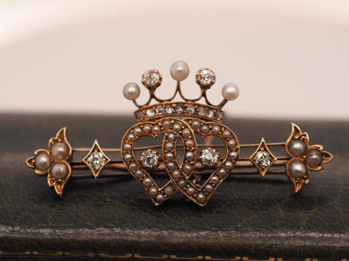 Victorian 14K Yellow Gold Old Mine Diamond and Pearl Heart and Crown Brooch