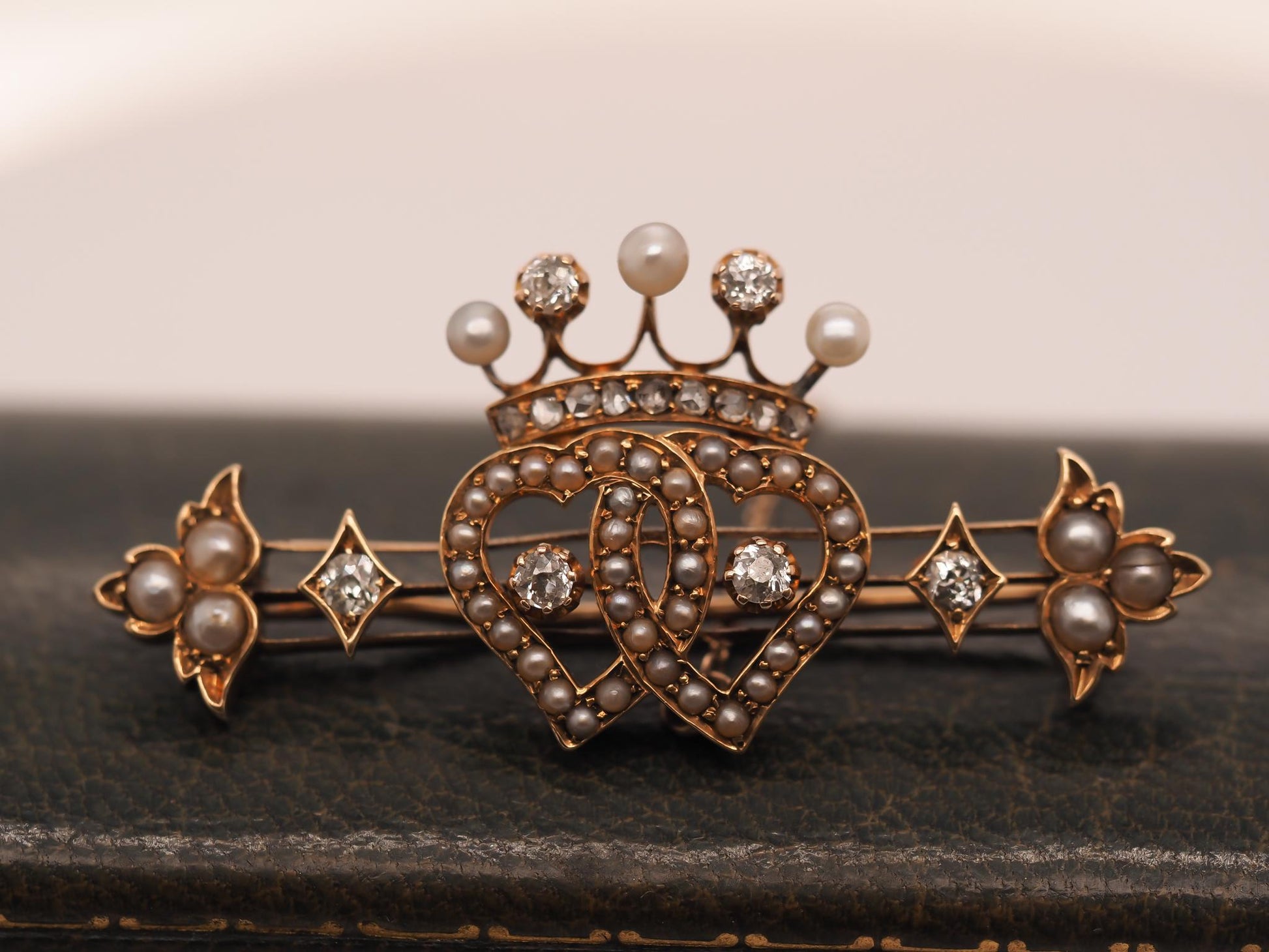 Victorian 14K Yellow Gold Old Mine Diamond and Pearl Heart and Crown Brooch